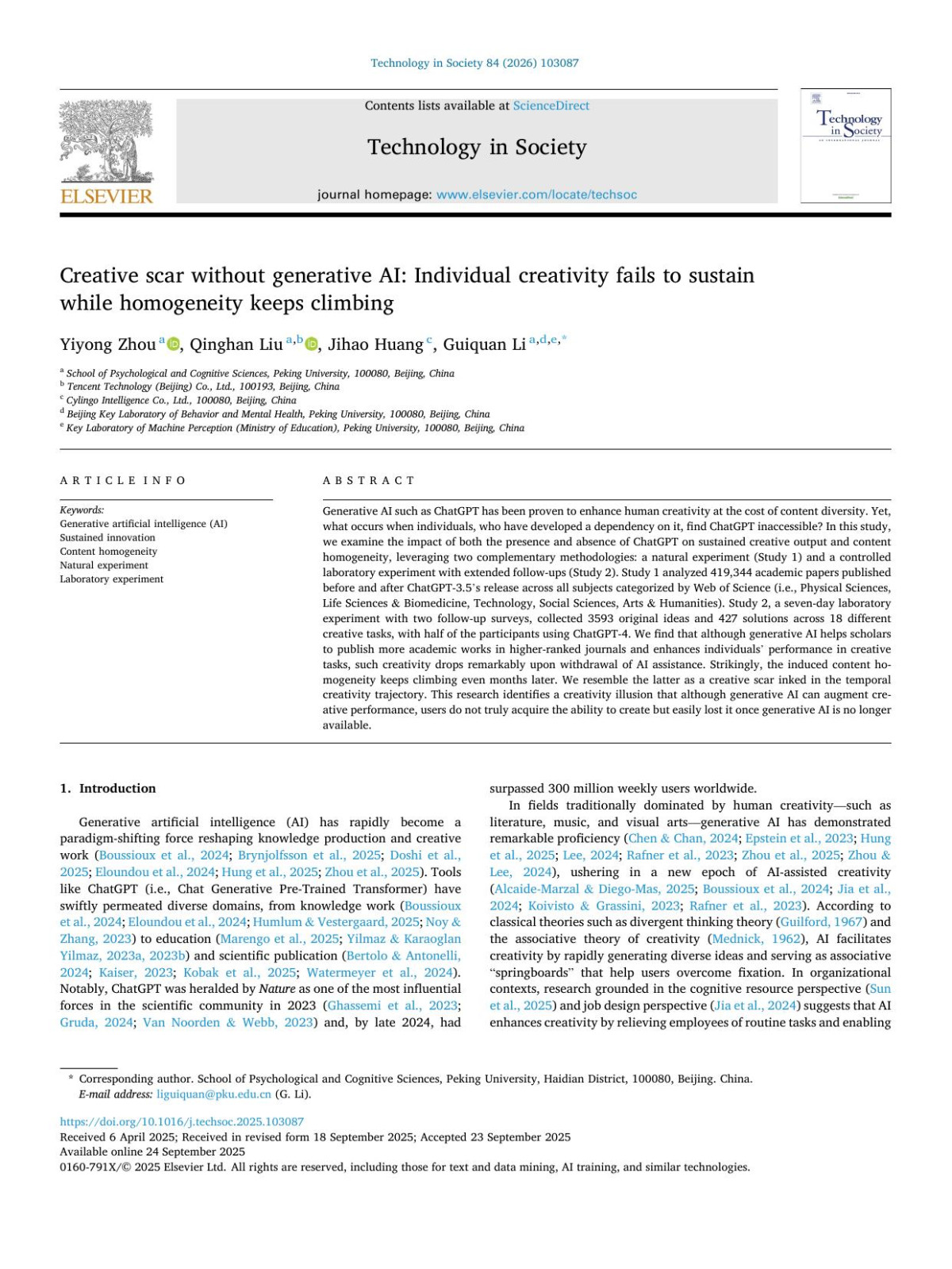 Creative Scar Without Generative Ai Individual Creativity Fails To Sustain While Homogeneity Keeps Climbing Yiyong Zhou