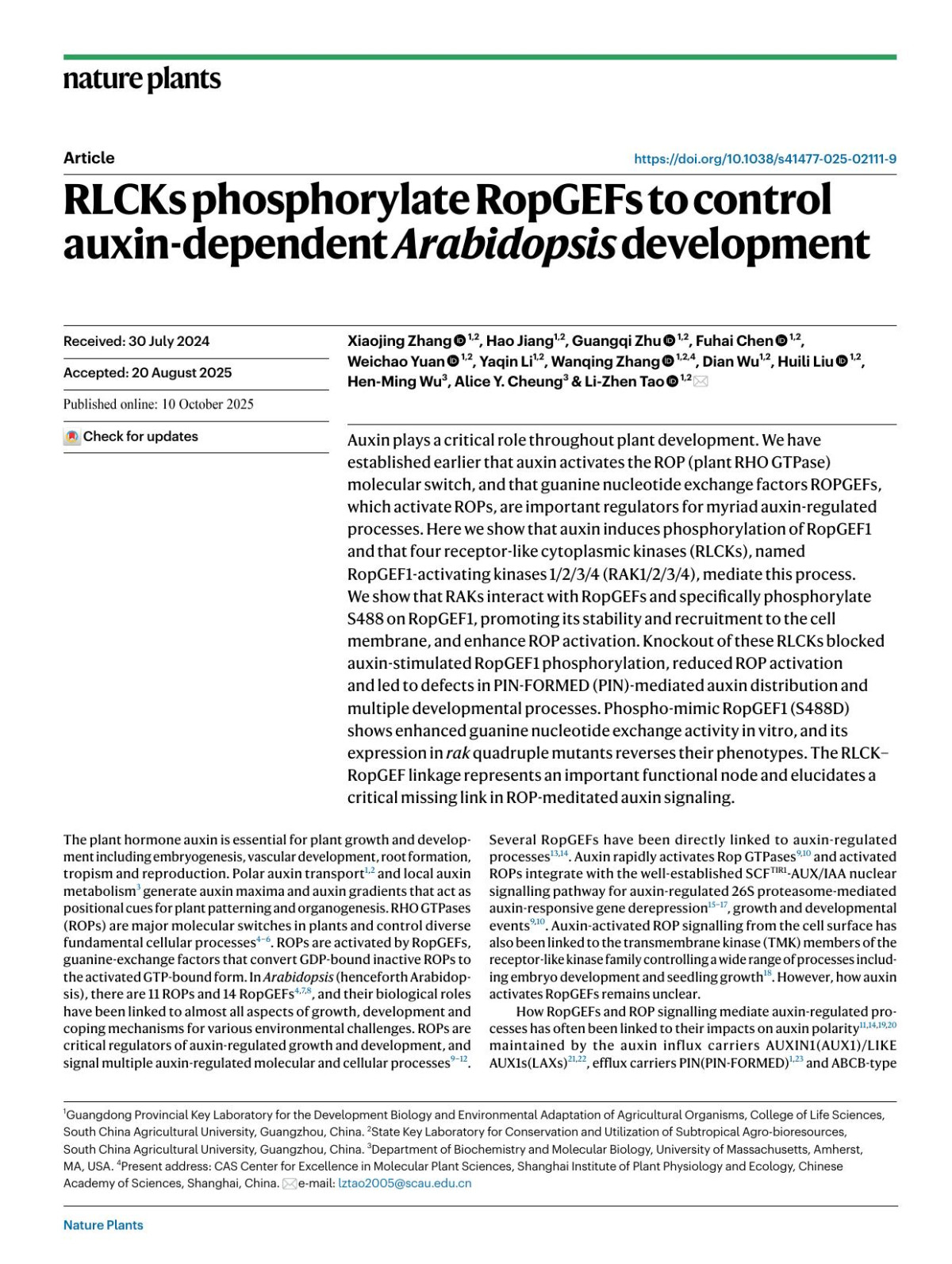 Rlcks Phosphorylate Ropgefs To Control Auxindependent Arabidopsis Development Xiaojing Zhang Hao Jiang Guangqi Zhu Fuhai Chen Weichao Yuan Yaqin Li Wanqing Zhang Dian Wu Huili Liu Henming Wu Alice Y Cheung Lizhen Tao
