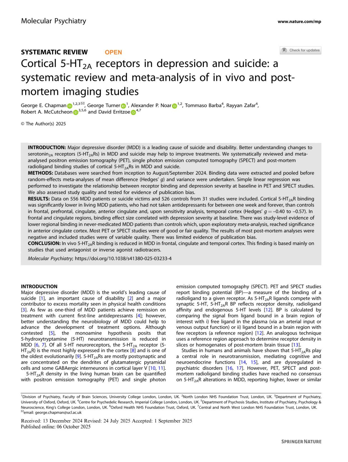Cortical 5ht2a Receptors In Depression And Suicide A Systematic Review And Metaanalysis Of In Vivo And Postmortem Imaging Studies George E Chapman George Turner Alexander P Noar Tommaso Barba Rayyan Zafar Robert A Mccutcheon David Erritzoe