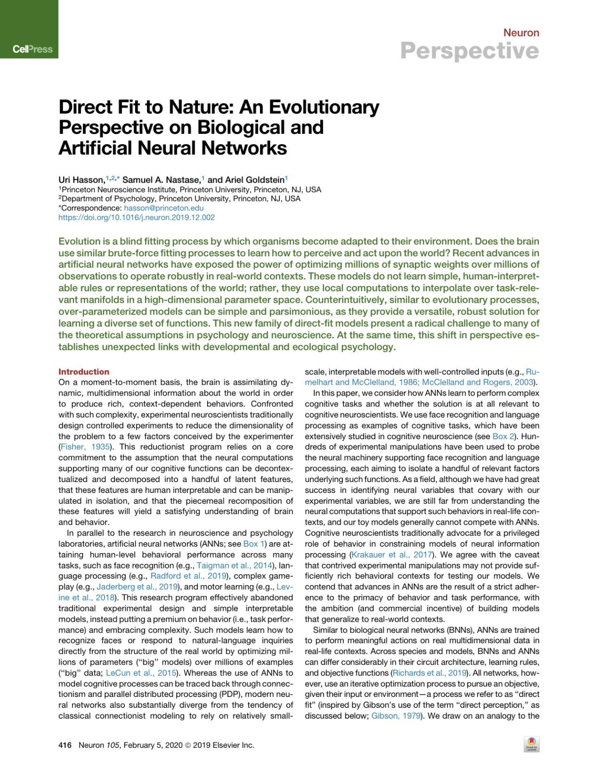 Direct Fit To Nature An Evolutionary Perspective On Biological And Artificial Neural Networks Uri Hasson
