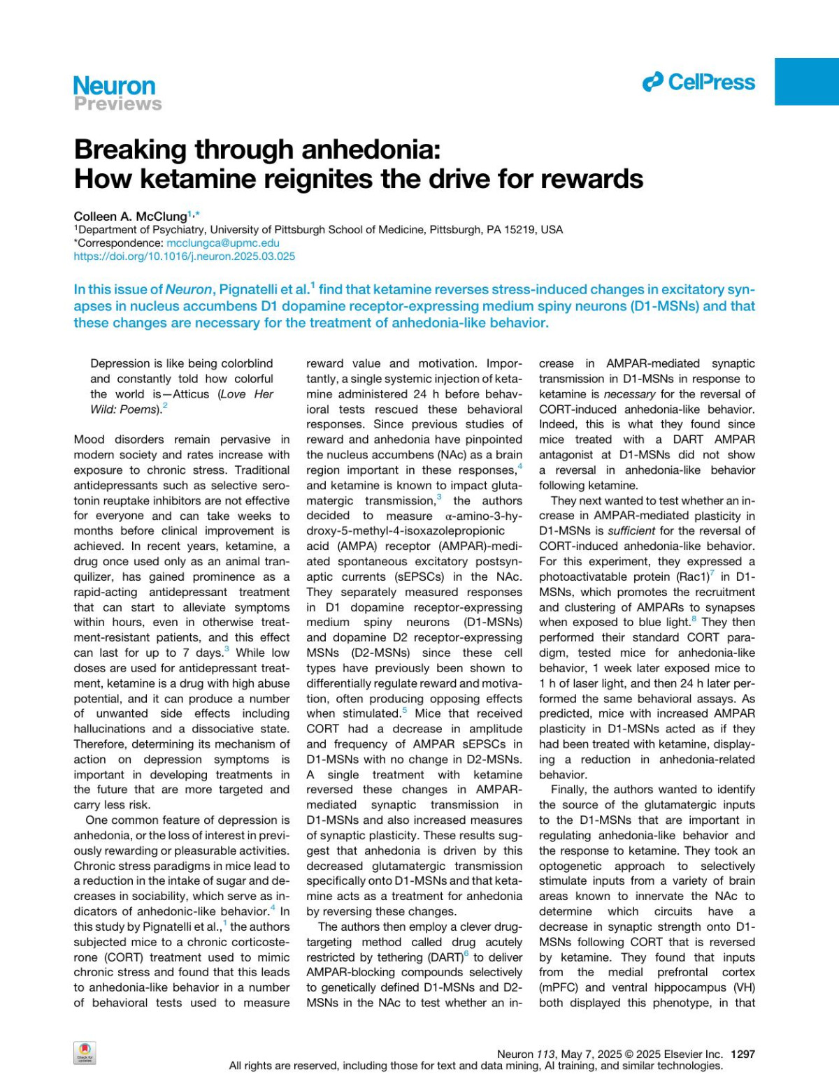 Breaking Through Anhedonia How Ketamine Reignites The Drive For Rewards Colleen A Mcclung