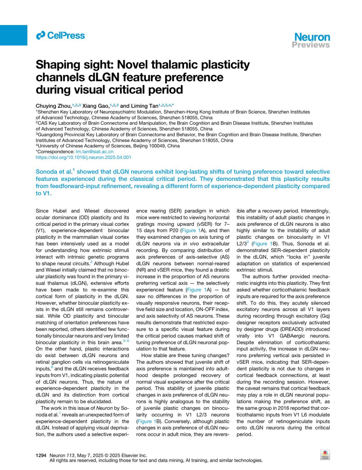 Shaping Sight Novel Thalamic Plasticity Channels Dlgn Feature Preference During Visual Critical Period Chuying Zhou Xiang Gao Liming Tan