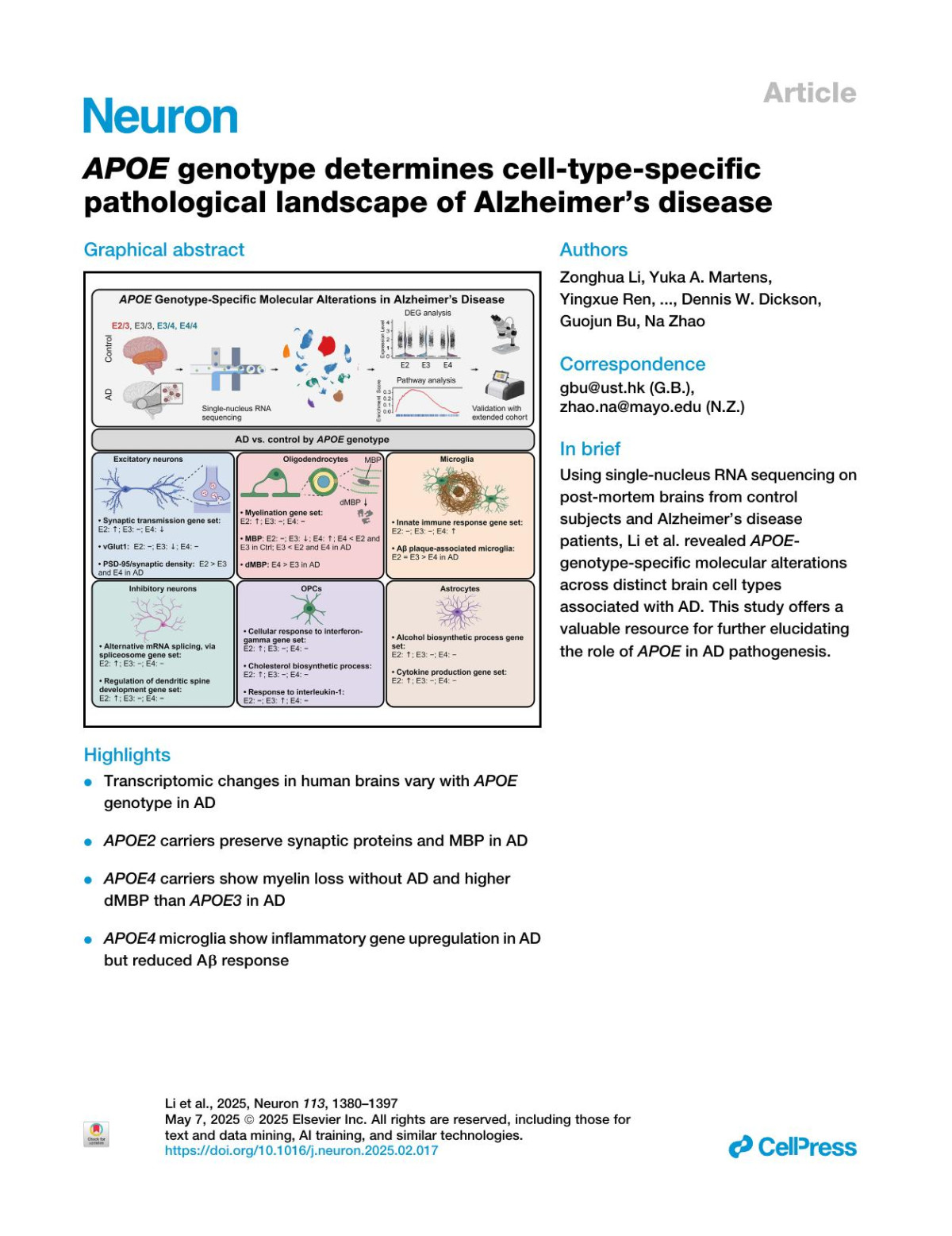 Apoe Genotype Determines Celltypespecific Pathological Landscape Of Alzheimers Disease Zonghua Li