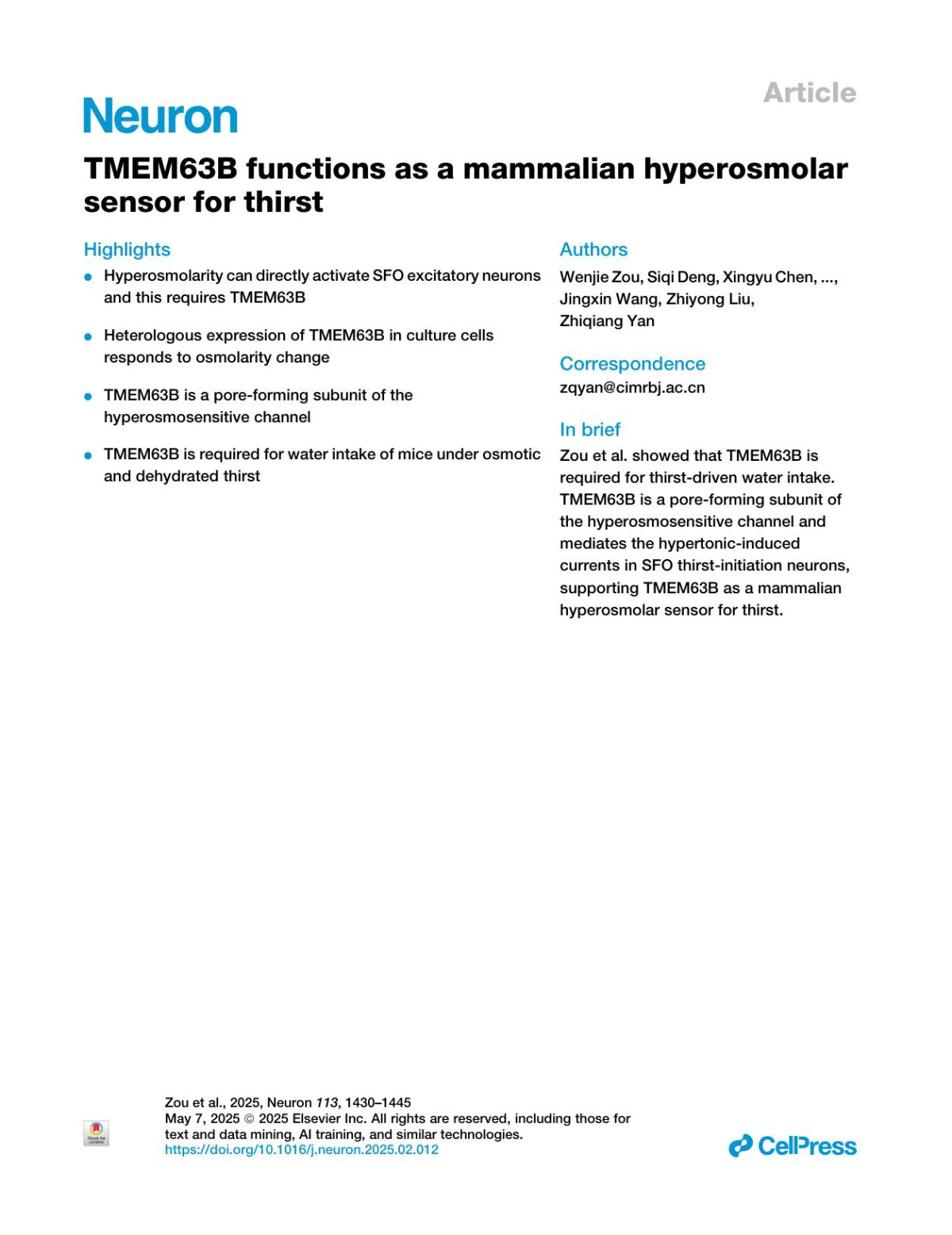 Tmem63b Functions As A Mammalian Hyperosmolar Sensor For Thirst Wenjie Zou Siqi Deng Xingyu Chen Jiamin Ruan Huize Wang Wuqiang Zhan Jingxin Wang Zhiyong Liu Zhiqiang Yan