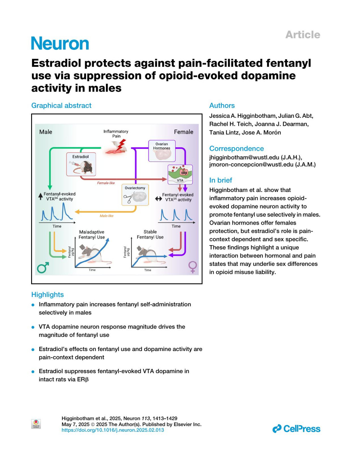 Estradiol Protects Against Painfacilitated Fentanyl Use Via Suppression Of Opioidevoked Dopamine Activity In Males Jessica A Higginbotham Julian G Abt Rachel H Teich Joanna J Dearman Tania Lintz Jose A Morón