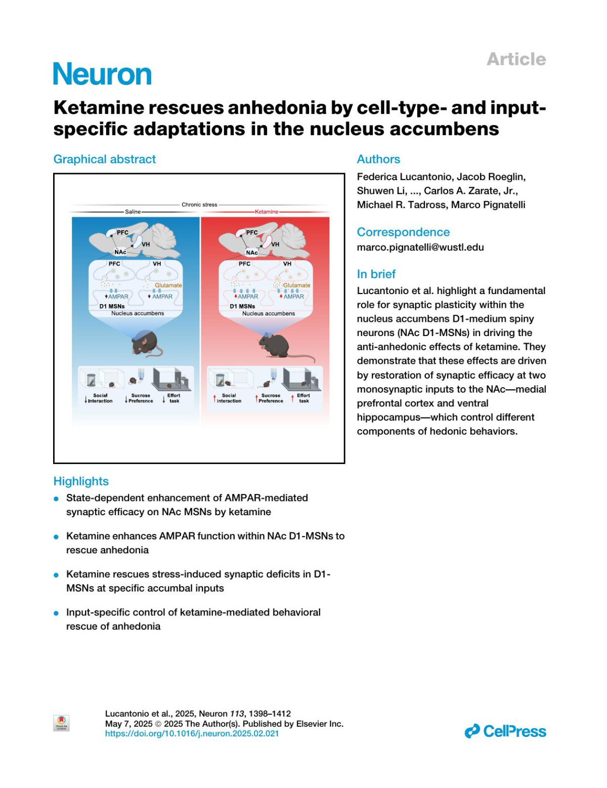 Ketamine Rescues Anhedonia By Celltype And Inputspecific Adaptations In The Nucleus Accumbens Federica Lucantonio Jacob Roeglin Shuwen Li Jaden Lu Aleesha Shi Katherine Czerpaniak Francesca R Fiocchi Leonardo Bontempi Brenda C Shields Carlos A Zarate Jr Michael R Tadross Marco Pignatelli