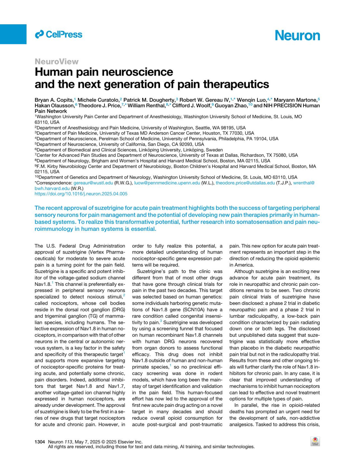 Human Pain Neuroscience And The Next Generation Of Pain Therapeutics Bryan A Copits Michele Curatolo Patrick M Dougherty Robert W Gereau Iv Wenqin Luo Maryann Martone Hakan Olausson Theodore J Price William Renthal Clifford J Woolf Guoyan Zhao Nih Precision Human Pain Network