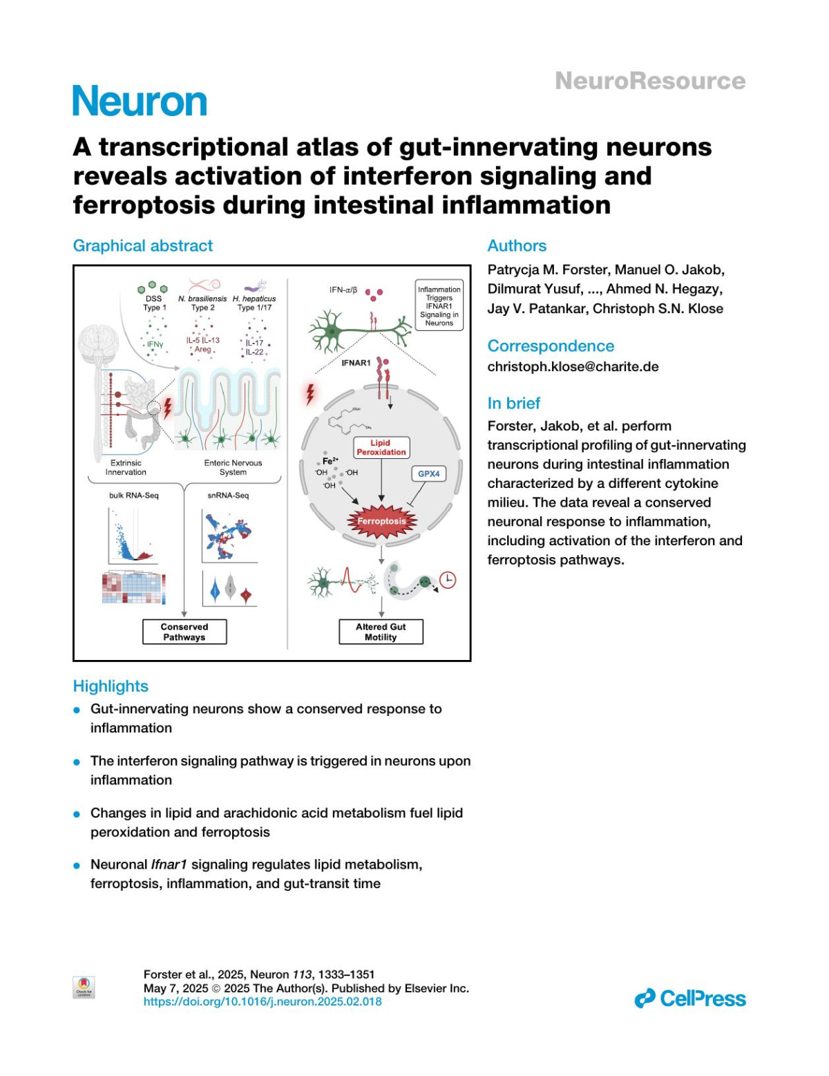A Transcriptional Atlas Of Gutinnervating Neurons Reveals Activation Of Interferon Signaling And Ferroptosis During Intestinal Inflammation Patrycja M Forster Manuel O Jakob Dilmurat Yusuf Marvin Bubeck Heidi Limberger Yanjiang Luo Paula Thieme Alexandra Polici Nele Sterczyk Sotiria Boulekou Laura Bartel Catalina Cosovanu Mario Witkowski Miguel Gonzálezacera