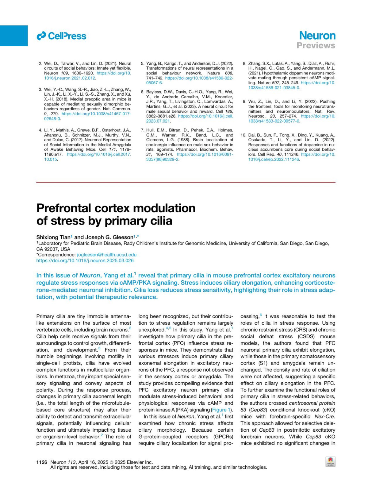 Prefrontal Cortex Modulation Of Stress By Primary Cilia Shixiong Tian Joseph G Gleeson