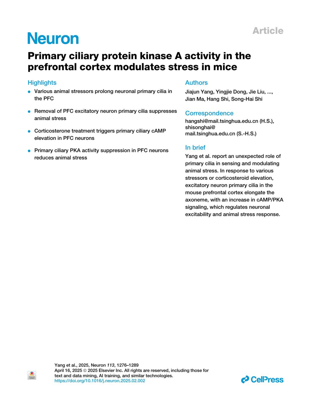 Primary Ciliary Protein Kinase A Activity In The Prefrontal Cortex Modulates Stress In Mice Jiajun Yang Yingjie Dong Jie Liu Yuwei Peng Ding Wang Lei Li Xiaoqing Hu Jinfeng Li Liang Wang Jun Chu Jian Ma Hang Shi Songhai Shi
