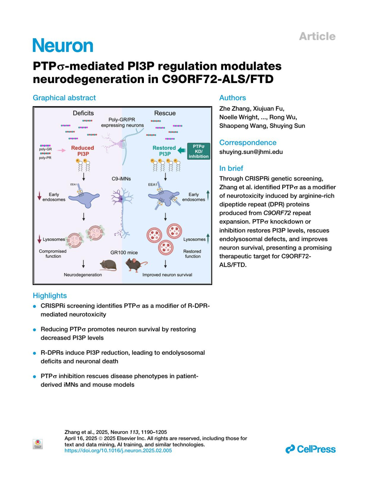Ptpsigmamediated Pi3p Regulation Modulates Neurodegeneration In C9orf72alsftd Zhe Zhang Xiujuan Fu Noelle Wright Weiren Wang Yingzhi Ye Julie Asbury Yini Li Chengzhang Zhu Rong Wu Shaopeng Wang Shuying Sun