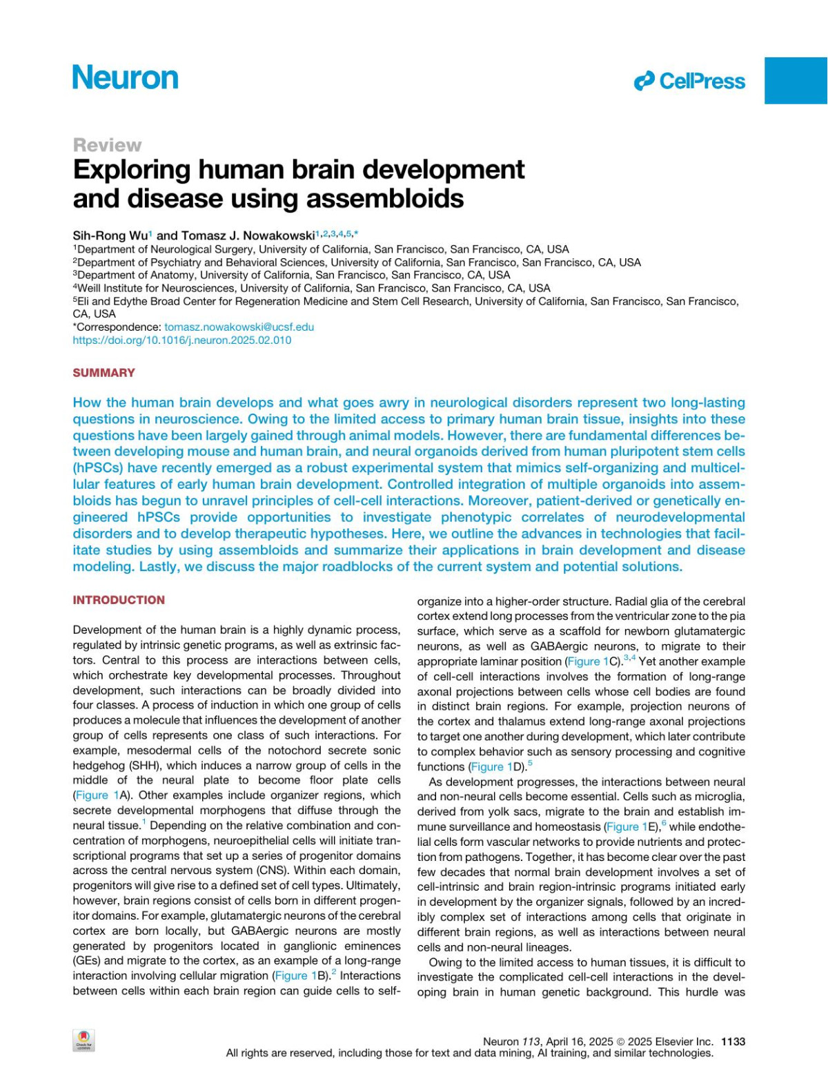 Exploring Human Brain Development And Disease Using Assembloids Sihrong Wu Tomasz J Nowakowski