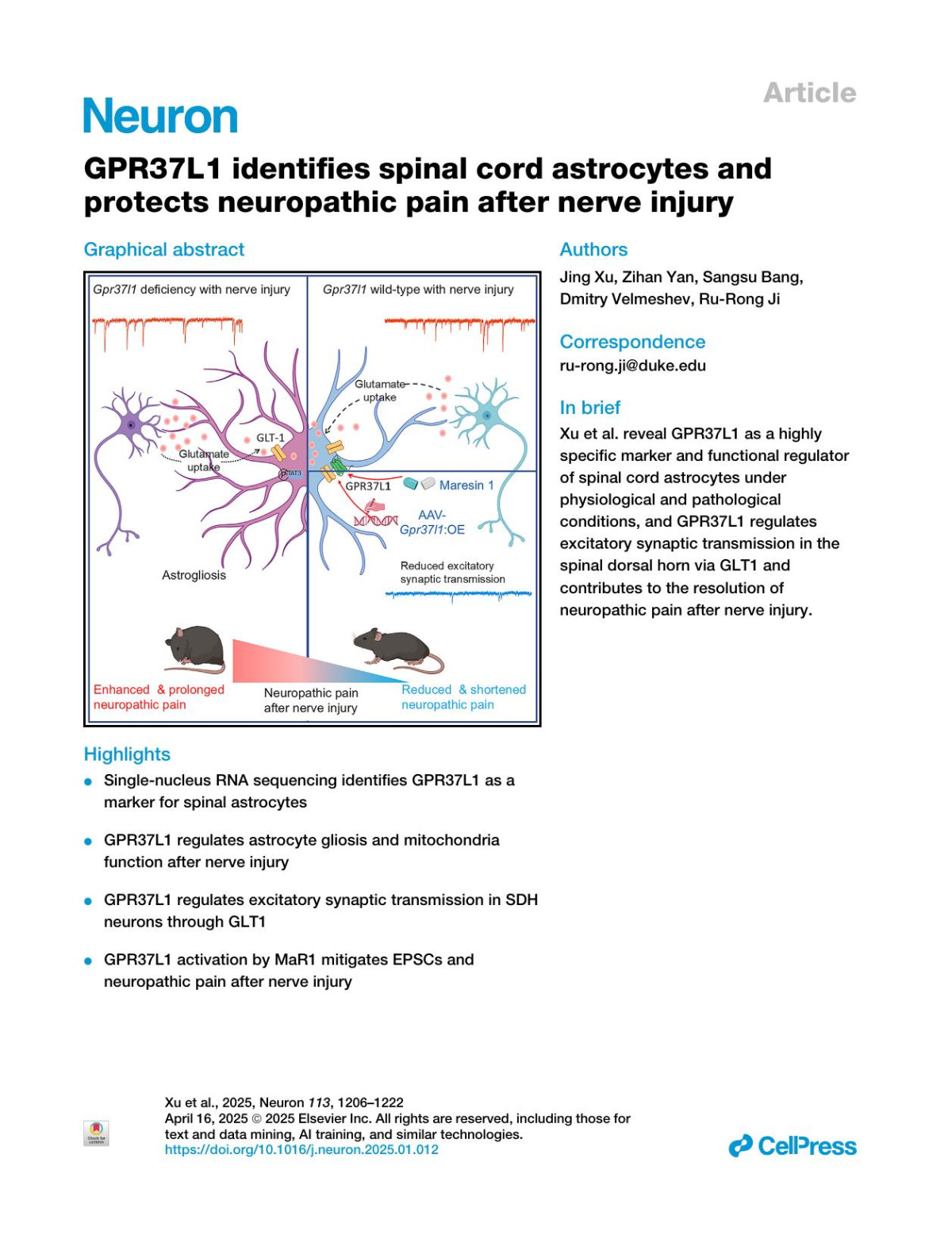 Gpr37l1 Identifies Spinal Cord Astrocytes And Protects Neuropathic Pain After Nerve Injury Jing Xu Zihan Yan Sangsu Bang Dmitry Velmeshev Rurong Ji