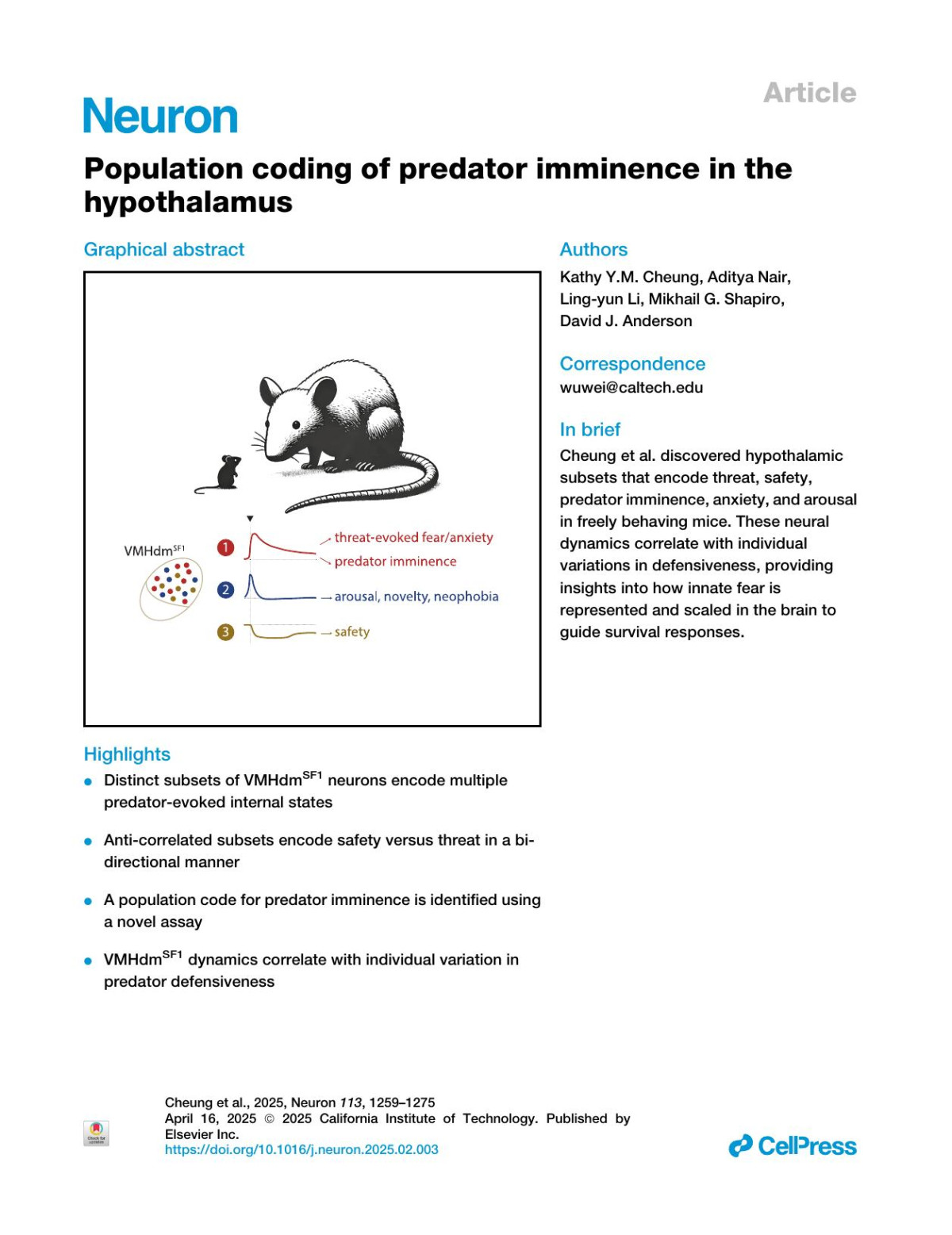 Population Coding Of Predator Imminence In The Hypothalamus Kathy Ym Cheung Aditya Nair Lingyun Li Mikhail G Shapiro David J Anderson