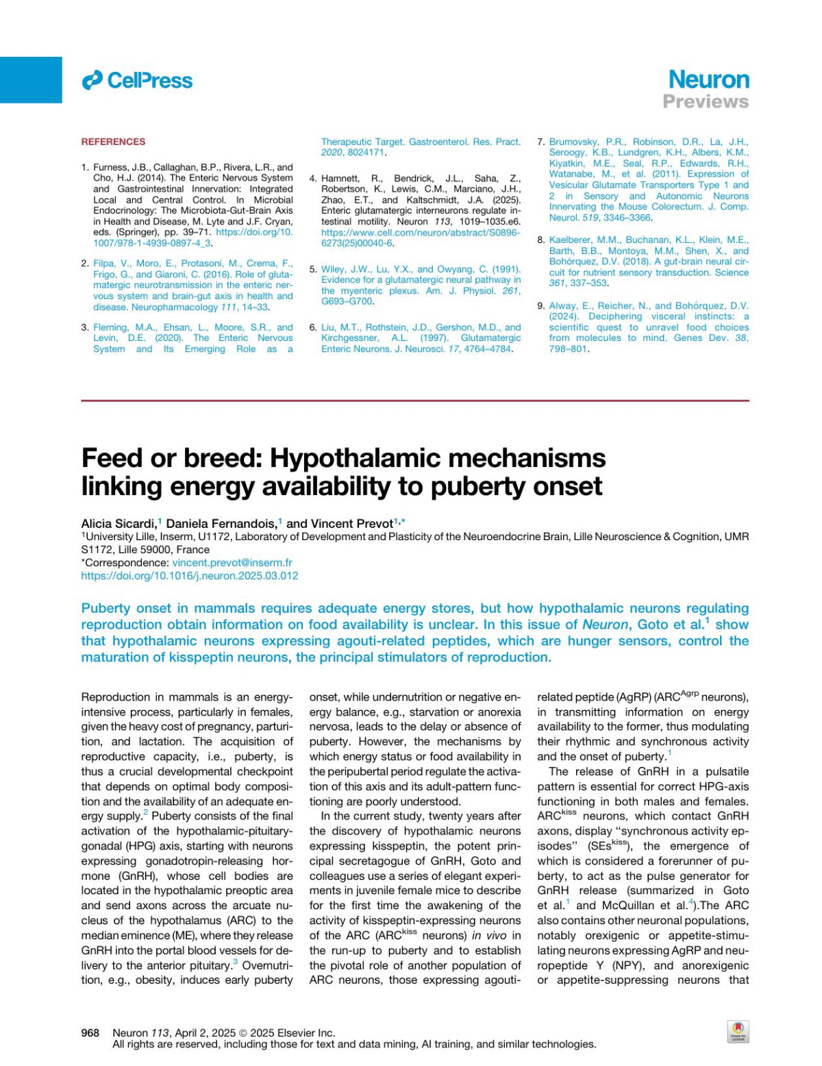 Feed Or Breed Hypothalamic Mechanisms Linking Energy Availability To Puberty Onset Alicia Sicardi Daniela Fernandois Vincent Prevot