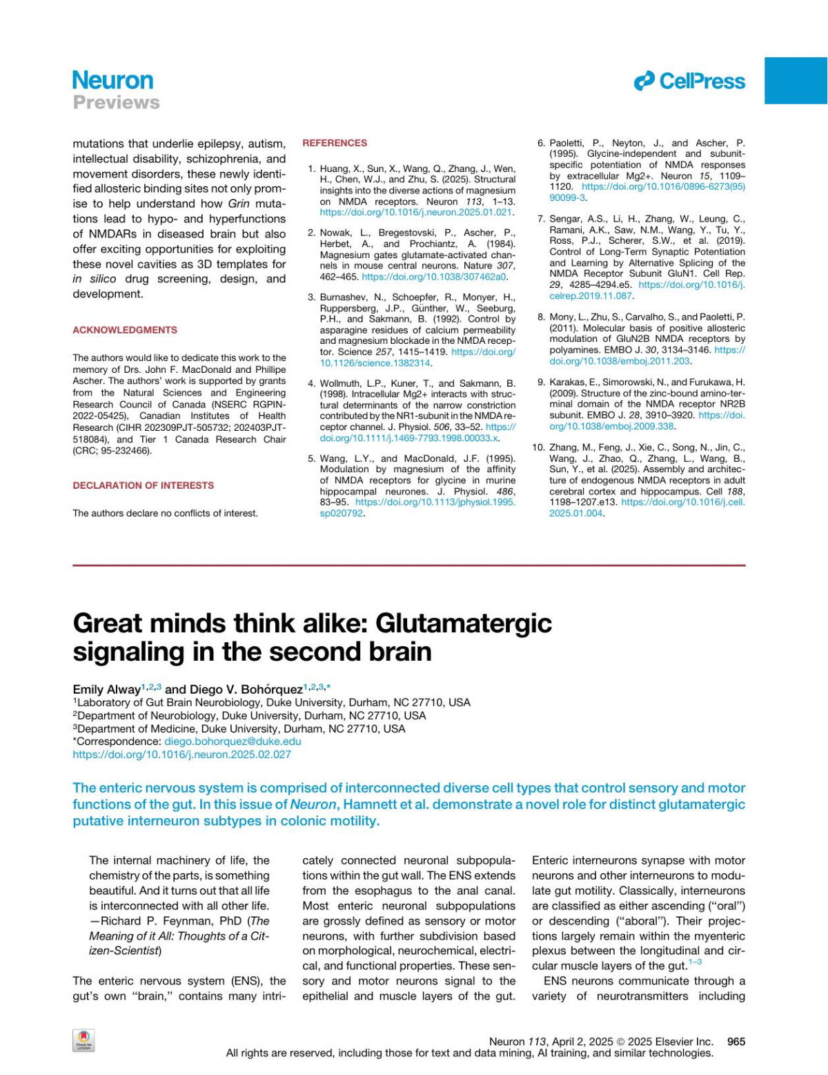 Great Minds Think Alike Glutamatergic Signaling In The Second Brain Emily Alway Diego V Bohórquez