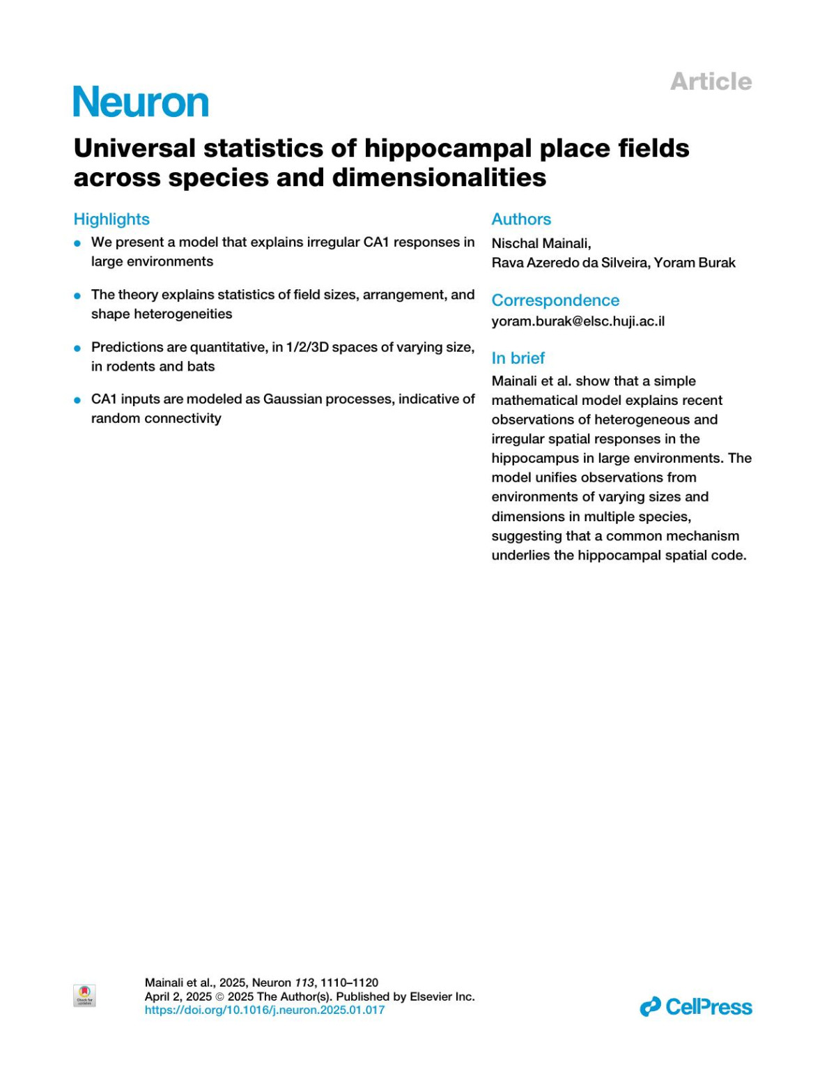 Universal Statistics Of Hippocampal Place Fields Across Species And Dimensionalities Nischal Mainali Rava Azeredo Da Silveira Yoram Burak