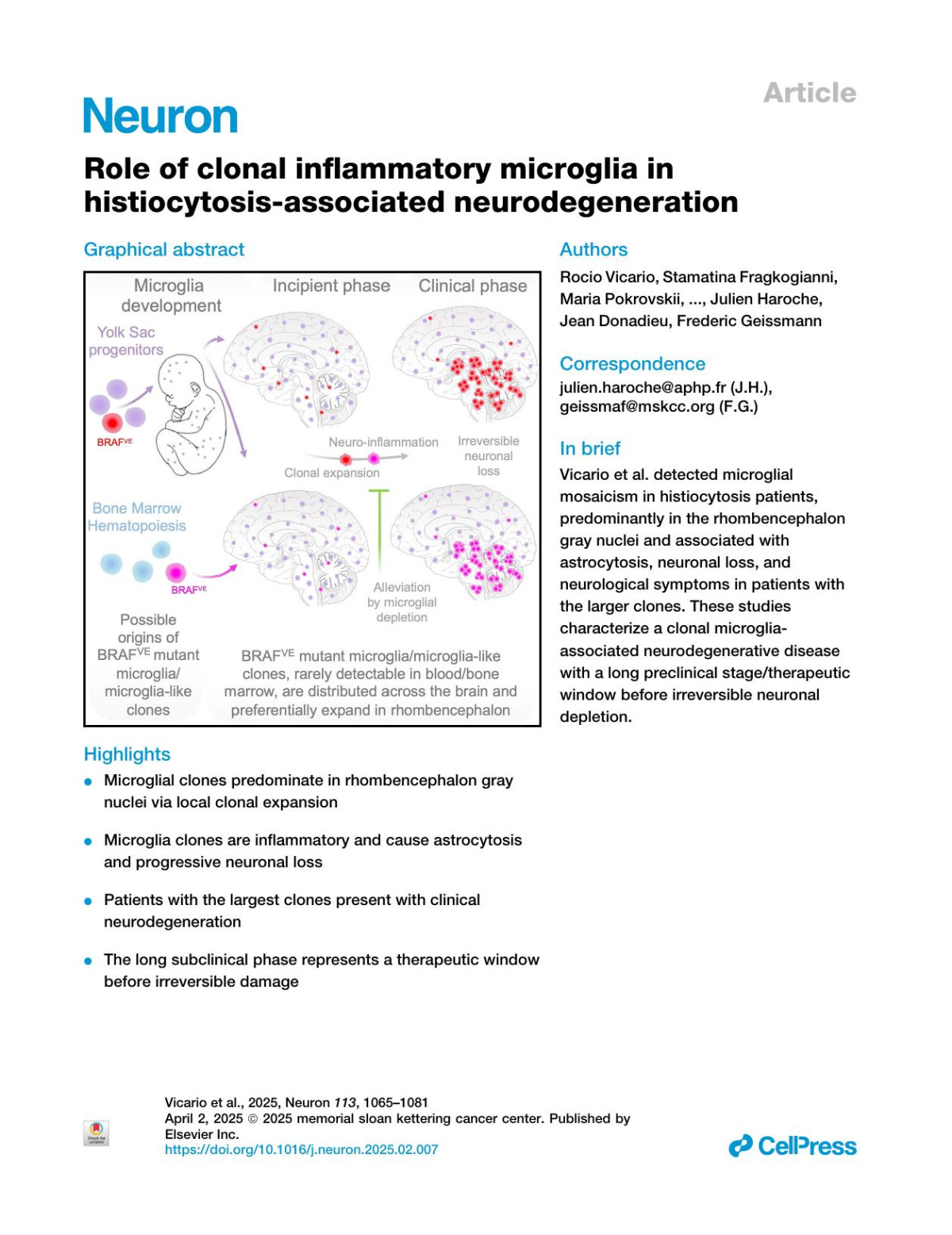 Role Of Clonal Inflammatory Microglia In Histiocytosisassociated Neurodegeneration Rocio Vicario Stamatina Fragkogianni Maria Pokrovskii Carina Meyer Estibaliz Lopezrodrigo Yang Hu Masato Ogishi Araitz Alberdi Ann Baako Oyku Ay Isabelle Plu Véronique Sazdovitch Sebastien Heritier Fleur Cohenaubart
