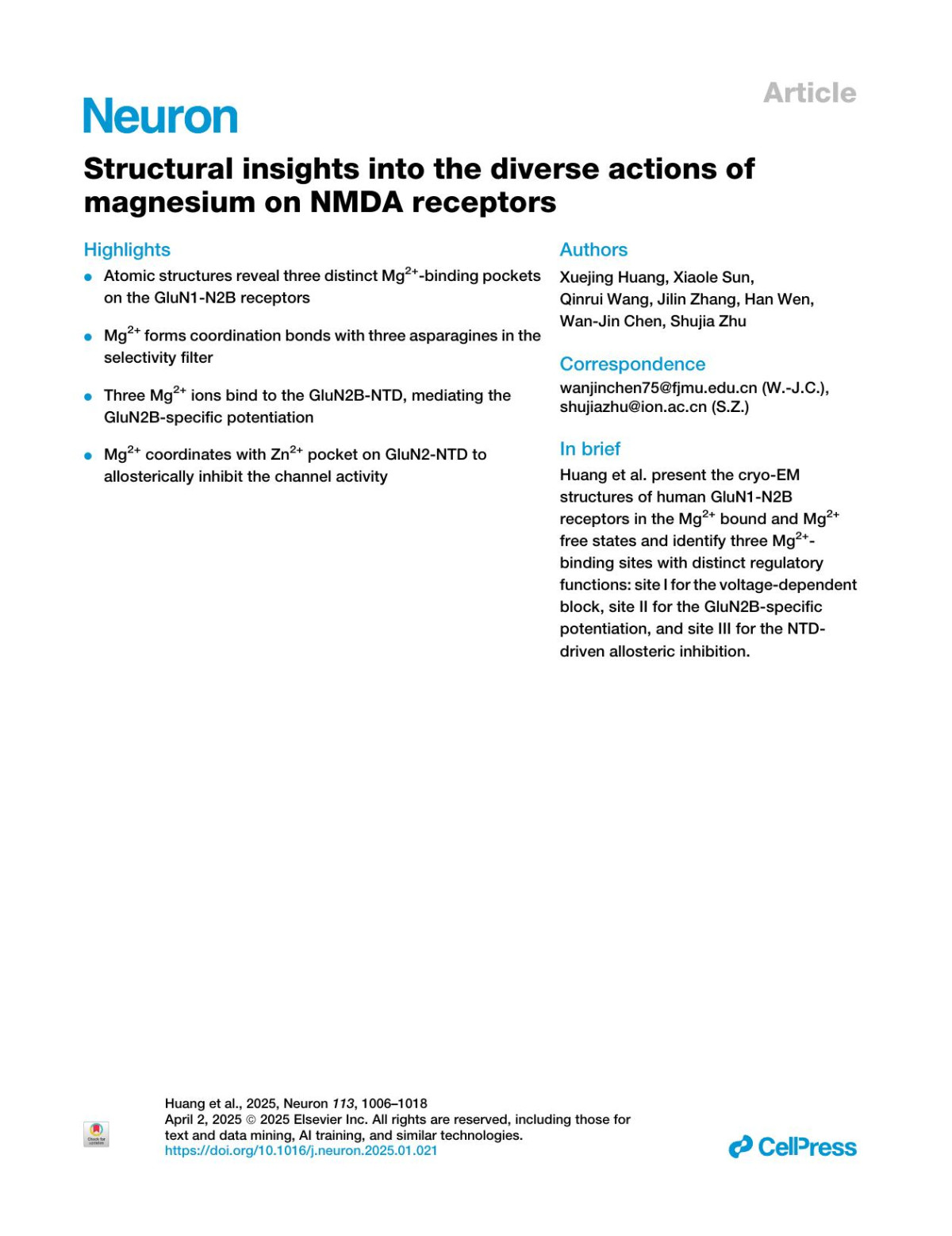 Structural Insights Into The Diverse Actions Of Magnesium On Nmda Receptors Xuejing Huang Xiaole Sun Qinrui Wang Jilin Zhang Han Wen Wanjin Chen Shujia Zhu