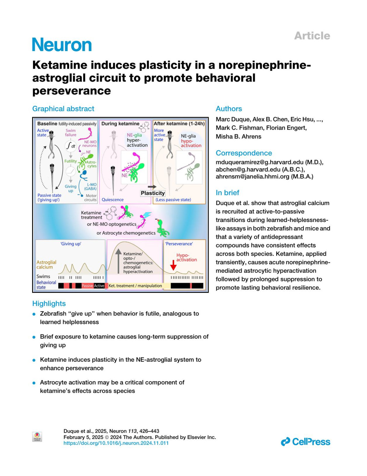 Ketamine Induces Plasticity In A Norepinephrineastroglial Circuit To Promote Behavioral Perseverance Marc Duque Alex B Chen Eric Hsu Sujatha Narayan Altyn Rymbek Shahinoor Begum Gesine Saher Adam E Cohen David E Olson Yulong Li David A Prober Dwight E Bergles Mark C Fishman Florian Engert Misha B Ahrens