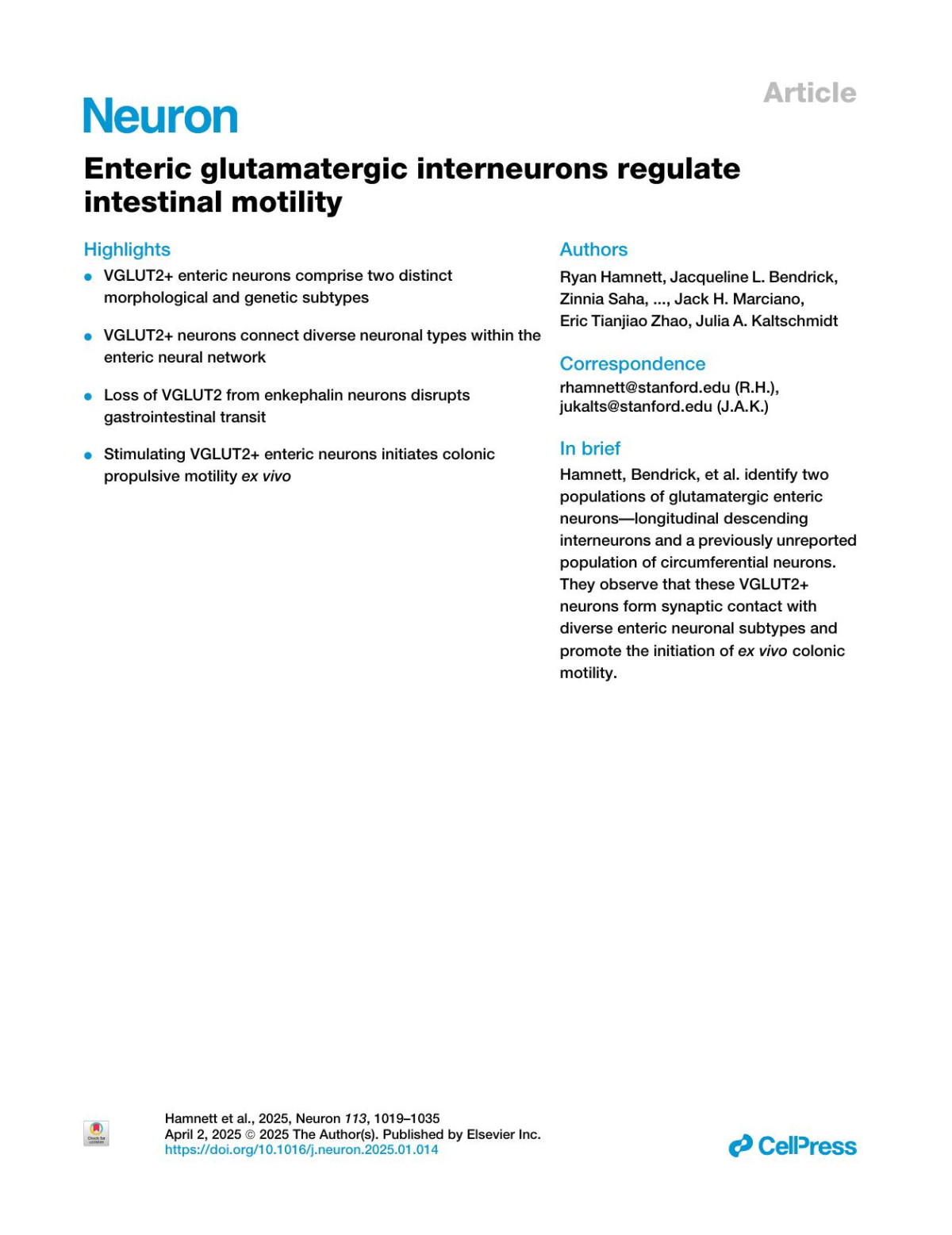 Enteric Glutamatergic Interneurons Regulate Intestinal Motility Ryan Hamnett Jacqueline L Bendrick Zinnia Saha Keiramarie Robertson Cheyanne M Lewis Jack H Marciano Eric Tianjiao Zhao Julia A Kaltschmidt