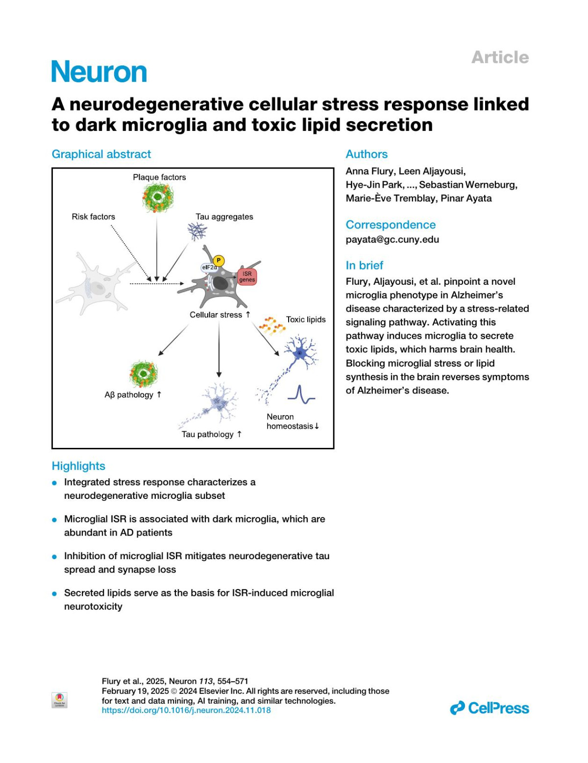 A Neurodegenerative Cellular Stress Response Linked To Dark Microglia And Toxic Lipid Secretion Anna Flury Leen Aljayousi Hyejin Park Mohammadparsa Khakpour Jack Mechler Siaresh Aziz Jackson D Mcgrath Pragney Deme Colby Sandberg Fernando González Ibáñez Olivia Braniff Thi Ngo Simira Smith Matthew Velez Denice Moran