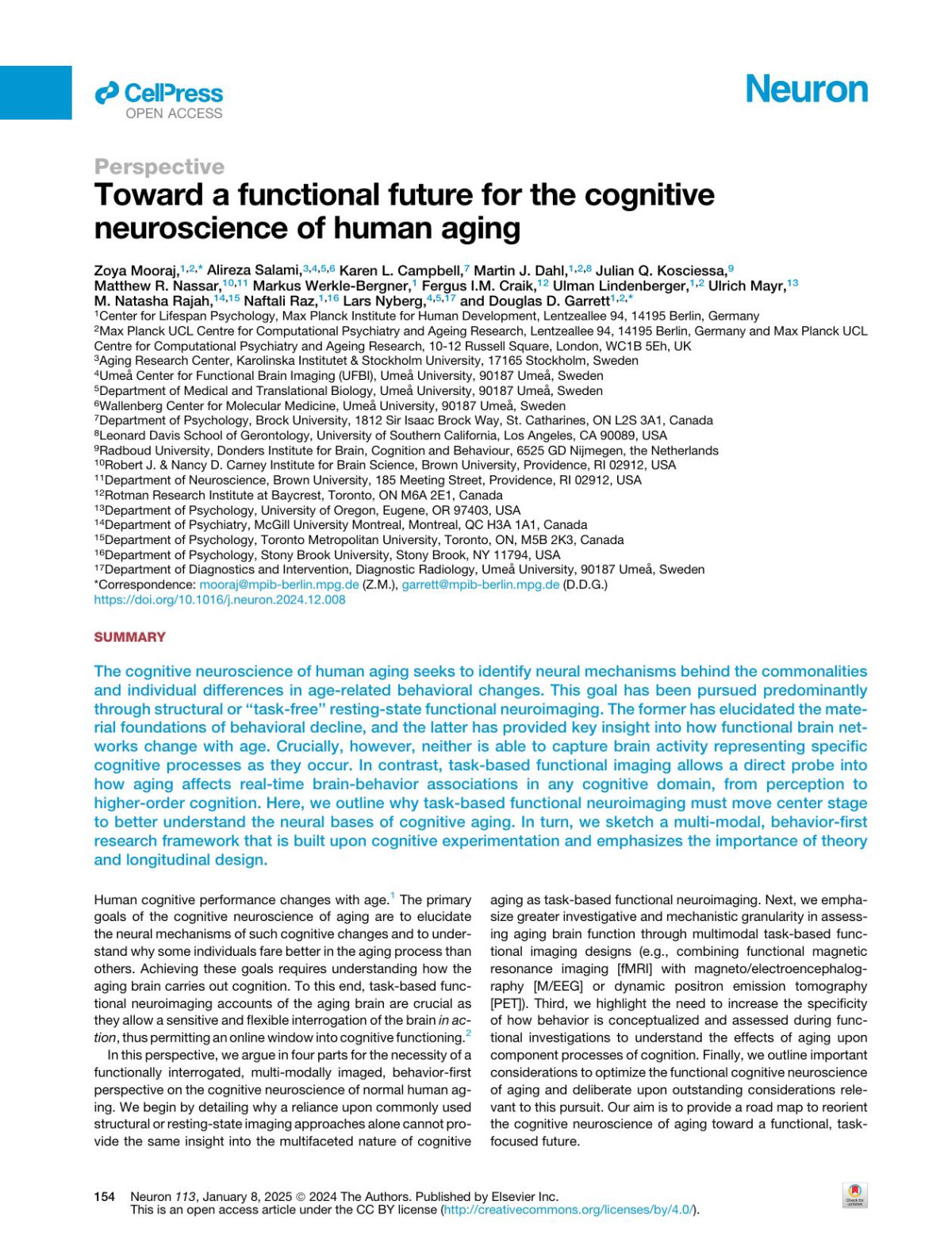 Toward A Functional Future For The Cognitive Neuroscience Of Human Aging Zoya Mooraj Alireza Salami Karen L Campbell Martin J Dahl Julian Q Kosciessa Matthew R Nassar Markus Werklebergner Fergus Im Craik Ulman Lindenberger Ulrich Mayr M Natasha Rajah Naftali Raz Lars Nyberg Douglas D Garrett