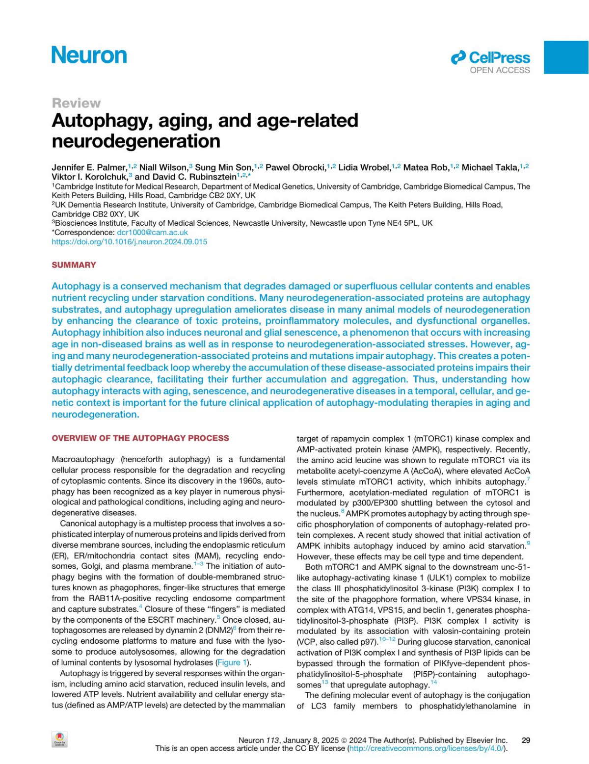 Autophagy Aging And Agerelated Neurodegeneration Jennifer E Palmer Niall Wilson Sung Min Son Pawel Obrocki Lidia Wrobel Matea Rob Michael Takla Viktor I Korolchuk David C Rubinsztein