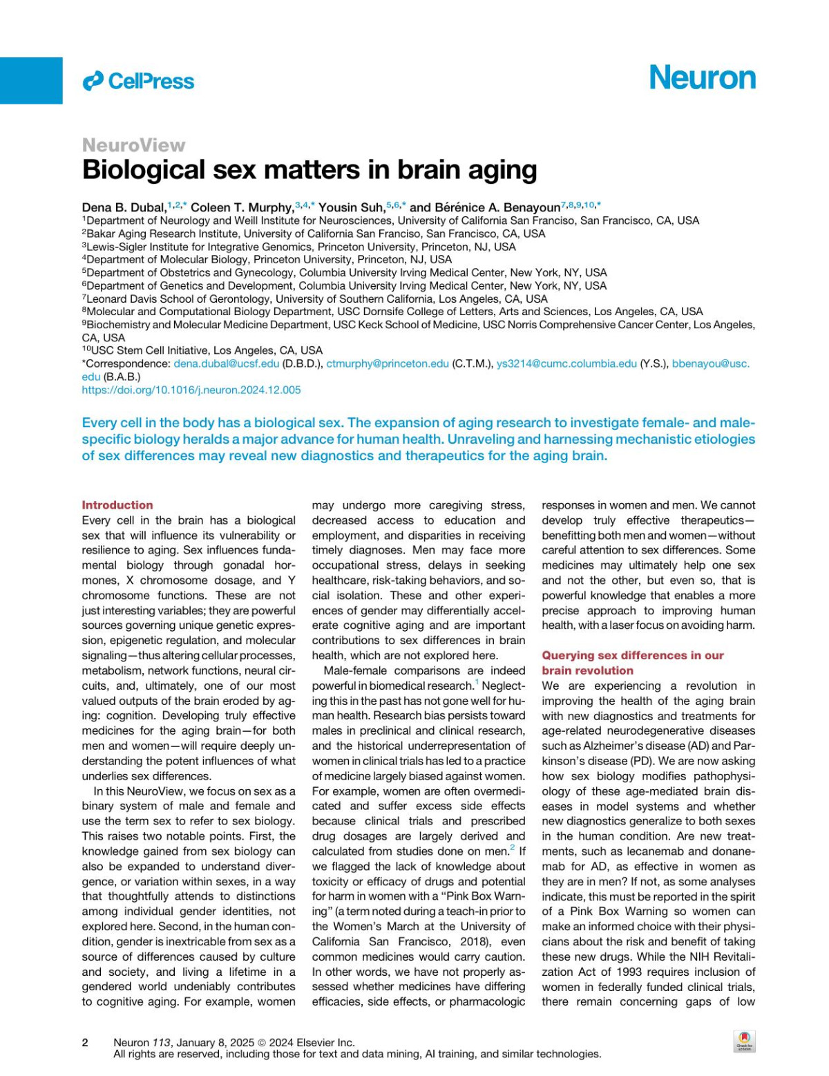 Biological Sex Matters In Brain Aging Dena B Dubal Coleen T Murphy Yousin Suh Bérénice A Benayoun