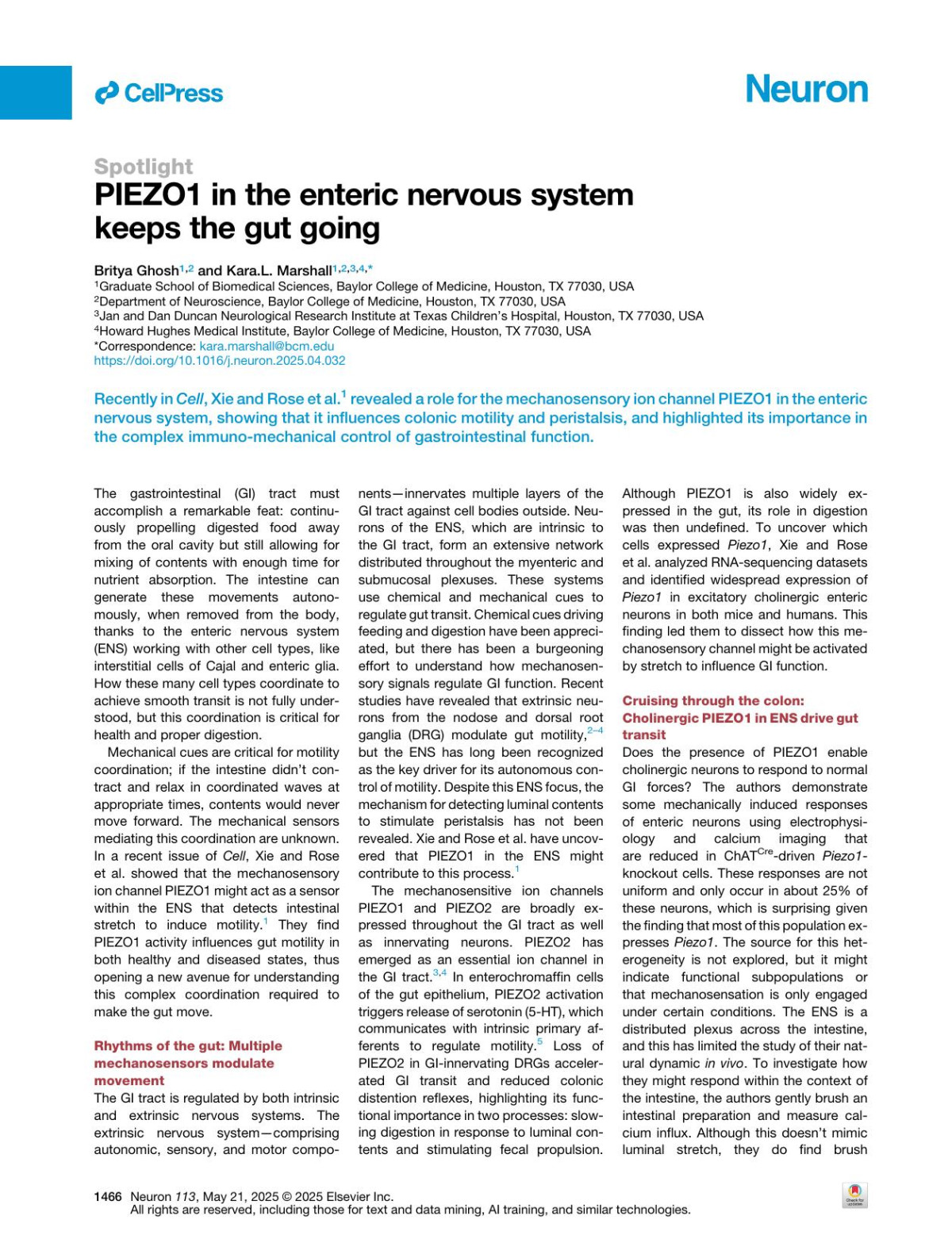 Piezo1 In The Enteric Nervous System Keeps The Gut Going Britya Ghosh Karal Marshall