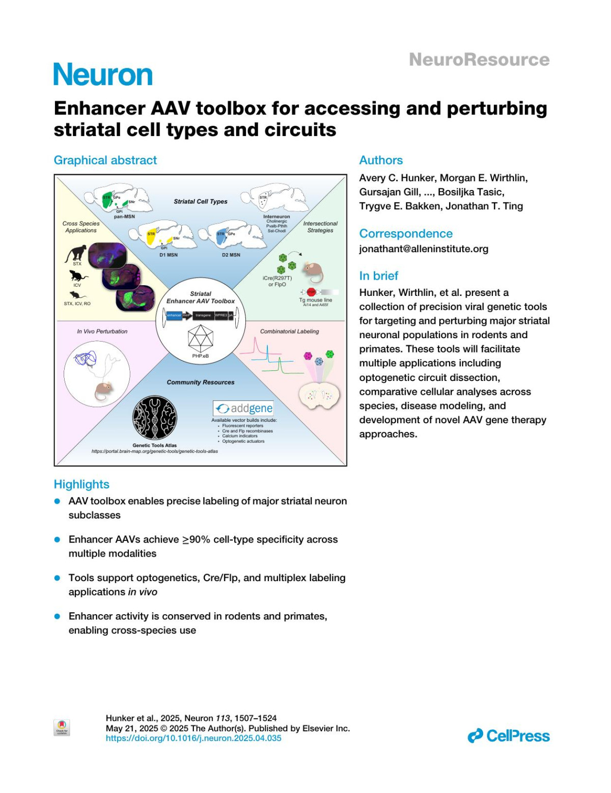 Enhancer Aav Toolbox For Accessing And Perturbing Striatal Cell Types And Circuits Avery C Hunker Morgan E Wirthlin Gursajan Gill Nelson J Johansen Marcus Hooper Victoria Omstead Sara Vargas M Nathaly Lerma Naz Taskin Natalie Weed William D Laird Yemeserach M Bishaw Jacqueline L Bendrick Bryan B Gore