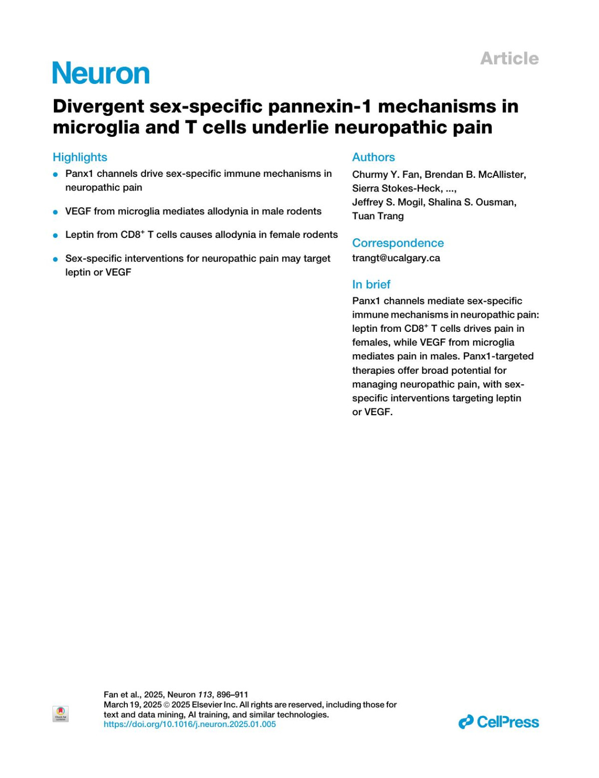 Divergent Sexspecific Pannexin1 Mechanisms In Microglia And Tnbspcells Underlie Neuropathic Pain Churmy Y Fan Brendan B Mcallister Sierra Stokesheck Erika K Harding Aliny Pereira De Vasconcelos Laura K Mah Lucas V Lima Nynke J Van Den Hoogen Sarah F Rosen Boram Ham Zizhen Zhang Hongrui Liu Franz J Zemp Regula