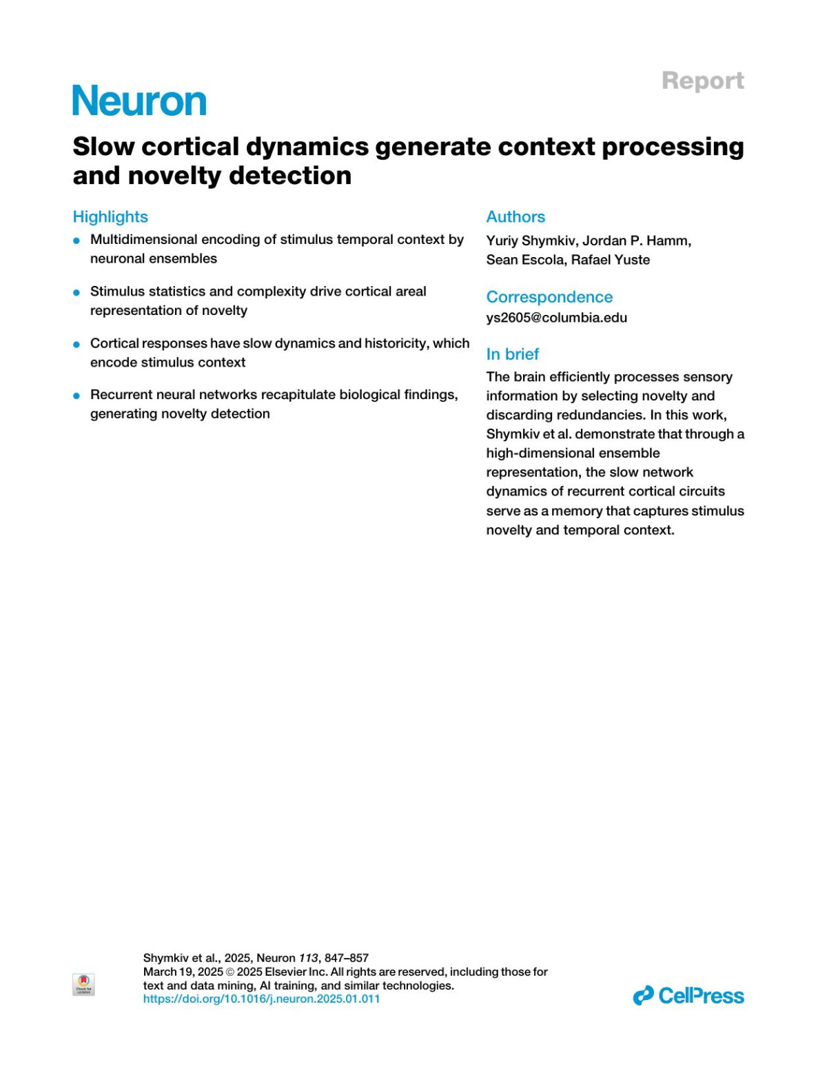 Slow Cortical Dynamics Generate Context Processing And Novelty Detection Yuriy Shymkiv Jordan P Hamm Sean Escola Rafael Yuste