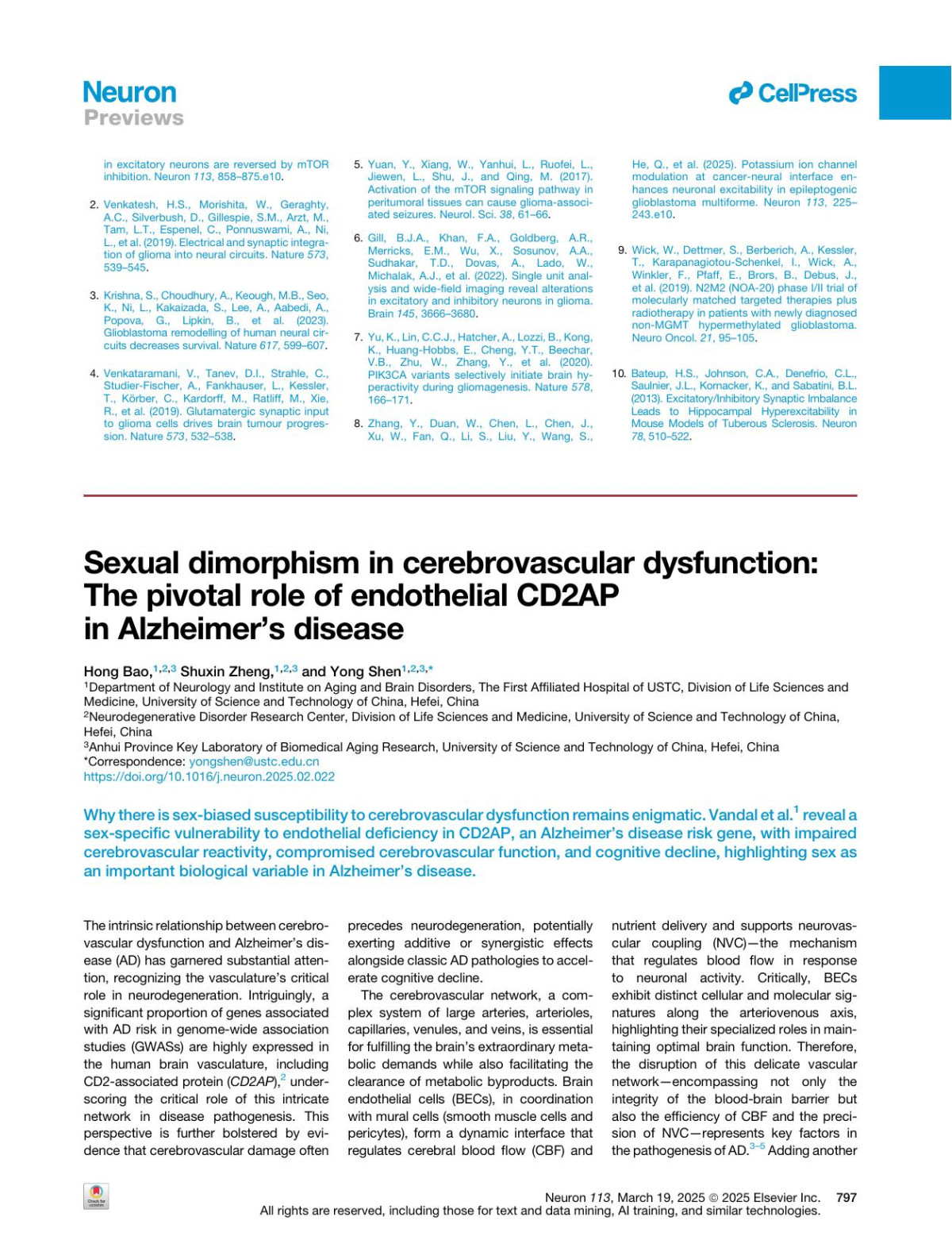 Sexual Dimorphism In Cerebrovascular Dysfunction The Pivotal Role Of Endothelial Cd2ap In Alzheimers Disease Hong Bao Shuxin Zheng Yong Shen