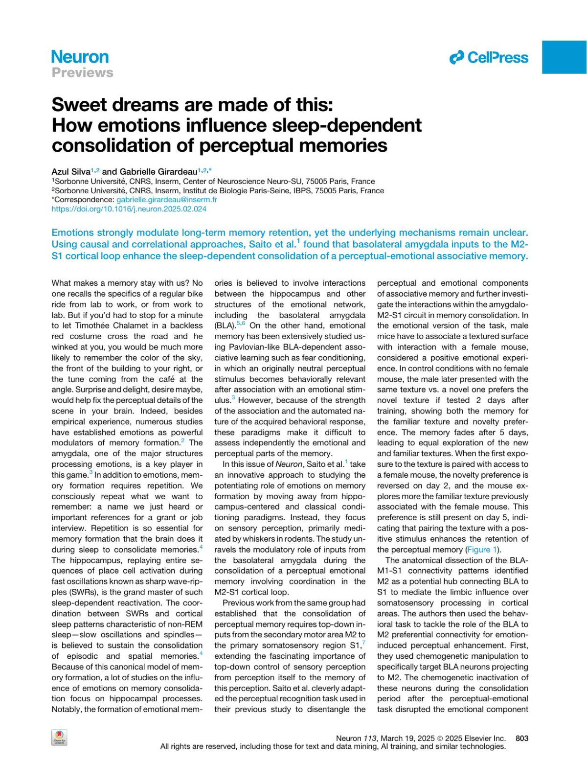 Sweet Dreams Are Made Of This How Emotions Influence Sleepdependent Consolidation Of Perceptual Memories Azul Silva Gabrielle Girardeau