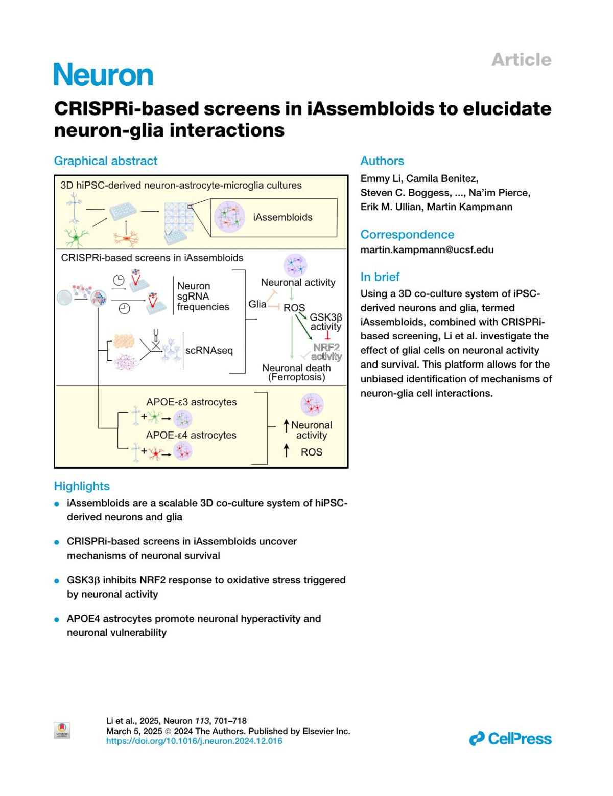 Crispribased Screens In Iassembloids To Elucidate Neuronglia Interactions Emmy Li Camila Benitez Steven C Boggess Mark Koontz Indigo Vl Rose Delsy Martinez Nina Dräger Olivia M Teter Avi J Samelson Naim Pierce Erik M Ullian Martin Kampmann