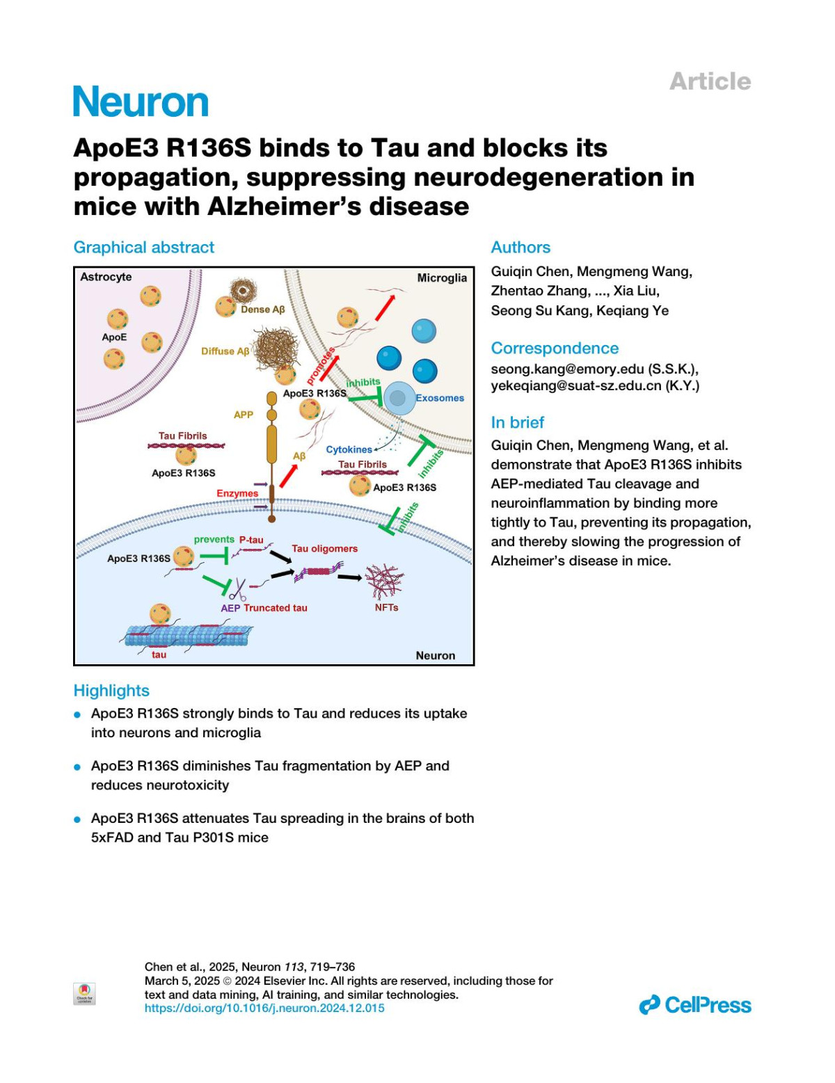 Apoe3 R136s Binds To Tau And Blocks Its Propagation Suppressing Neurodegeneration In Mice With Alzheimers Disease Guiqin Chen Mengmeng Wang Zhentao Zhang Dae Ki Hong Eun Hee Ahn Xia Liu Seong Su Kang Keqiang Ye