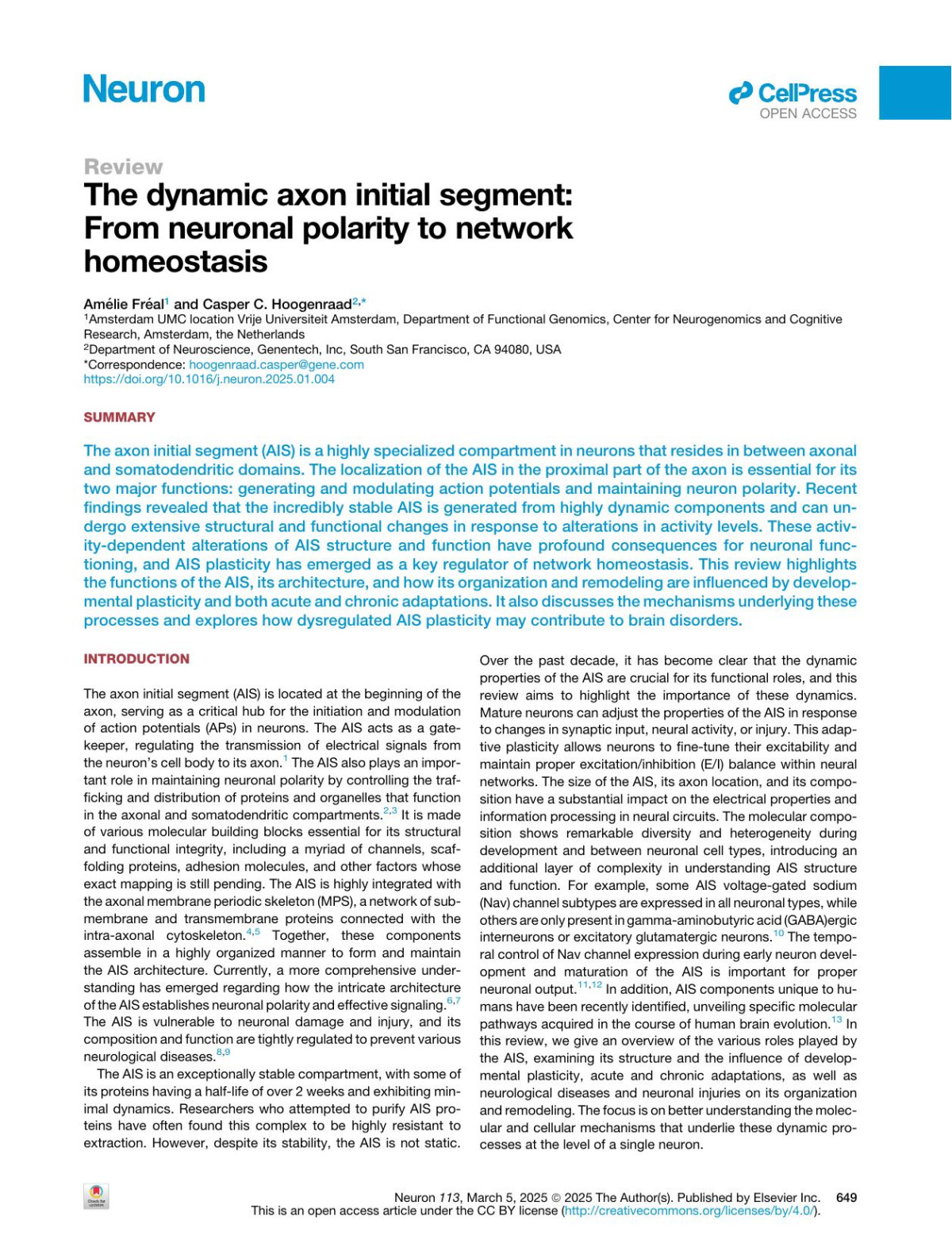 The Dynamic Axon Initial Segment From Neuronal Polarity To Network Homeostasis Amélie Fréal Casper C Hoogenraad