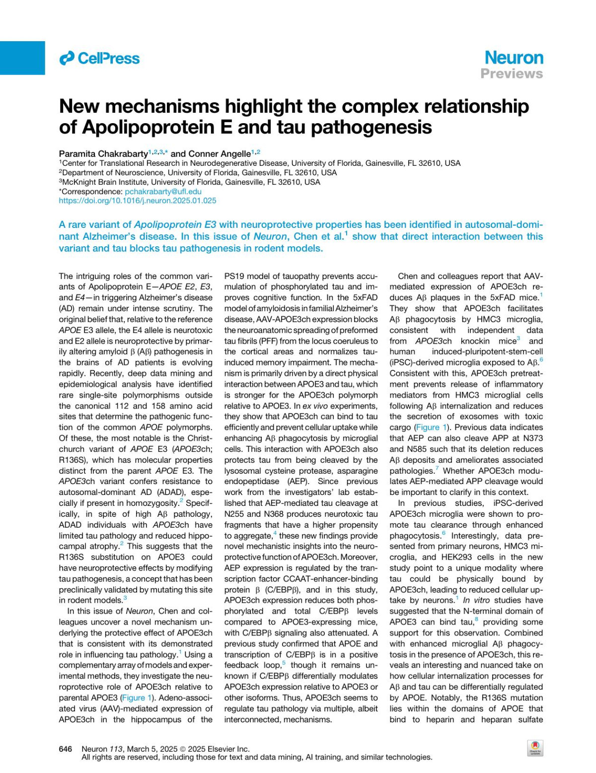 New Mechanisms Highlight The Complex Relationship Of Apolipoprotein E And Tau Pathogenesis Paramita Chakrabarty Conner Angelle