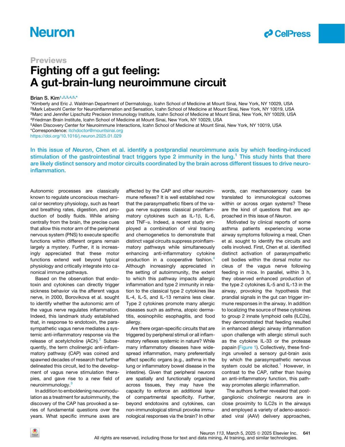 Fighting Off A Gut Feeling A Gutbrainlung Neuroimmune Circuit Brian S Kim
