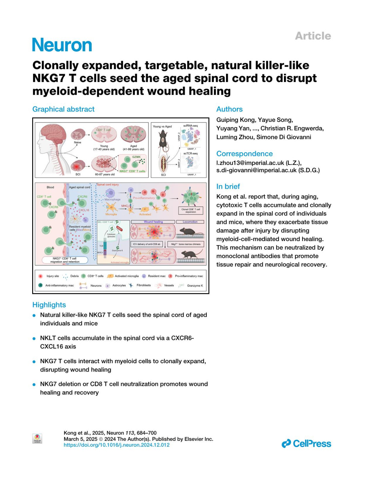 Clonally Expanded Targetable Natural Killerlike Nkg7 Tnbspcells Seed The Aged Spinal Cord To Disrupt Myeloiddependent Wound Healing Guiping Kong Yayue Song Yuyang Yan Samantha M Calderazzo Madhu Sudhana Saddala Fabian De Labastida Rivera Jonathan D Cherry Noah Eckman Eric A Appel Adam Velenosi Vivek Swarup Riki Kawaguchi Susanna S Ng Brian K Kwon