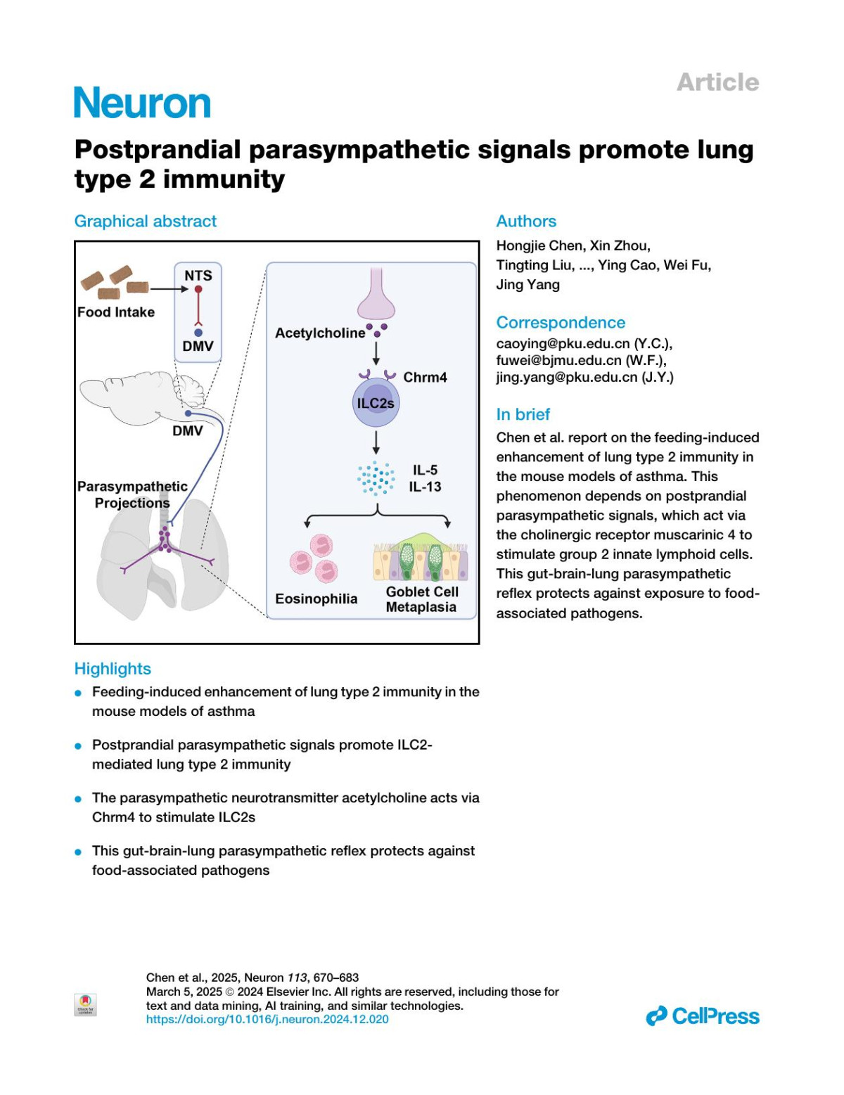 Postprandial Parasympathetic Signals Promote Lung Type 2 Immunity Hongjie Chen Xin Zhou Tingting Liu Jiaqi Liu Di Wu Xia Xu Shanwu Ma Guangliang Qiang Jian Chen Ying Cao Wei Fu Jing Yang