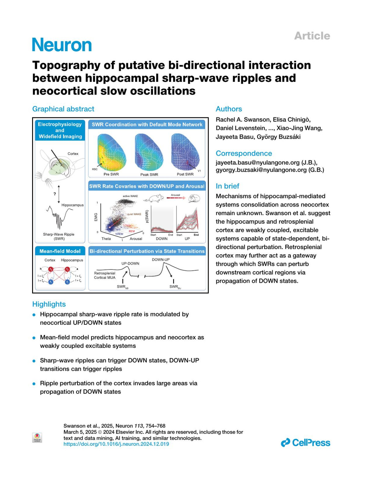 Topography Of Putative Bidirectional Interaction Between Hippocampal Sharpwave Ripples And Neocortical Slow Oscillations Rachel A Swanson Elisa Chinigò Daniel Levenstein Mihály Vöröslakos Navid Mousavi Xiaojing Wang Jayeeta Basu György Buzsáki