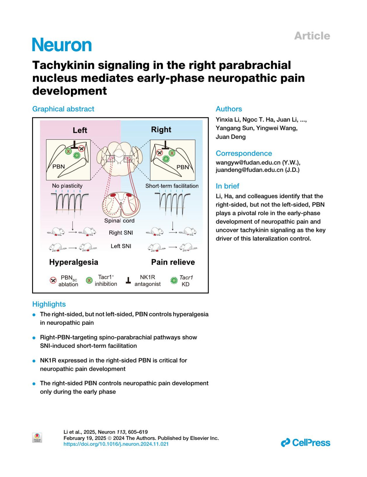Tachykinin Signaling In The Right Parabrachial Nucleus Mediates Earlyphase Neuropathic Pain Development Yinxia Li Ngoc T Ha Juan Li Yaxin Yan Qian Chen Liping Cai Weike Li Shoupei Liu Bo Li Tianlin Cheng Yangang Sun Yingwei Wang Juan Deng