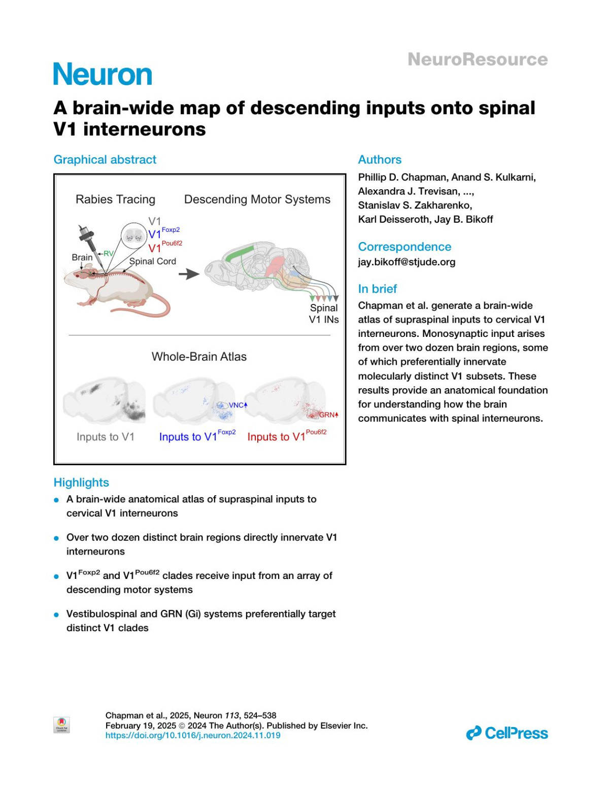 A Brainwide Map Of Descending Inputs Onto Spinal V1 Interneurons Phillip D Chapman Anand S Kulkarni Alexandra J Trevisan Katie Han Jennifer M Hinton Paulina Deltuvaite Lief E Fenno Charu Ramakrishnan Mary H Patton Lindsay A Schwarz Stanislav S Zakharenko Karl Deisseroth Jay B Bikoff
