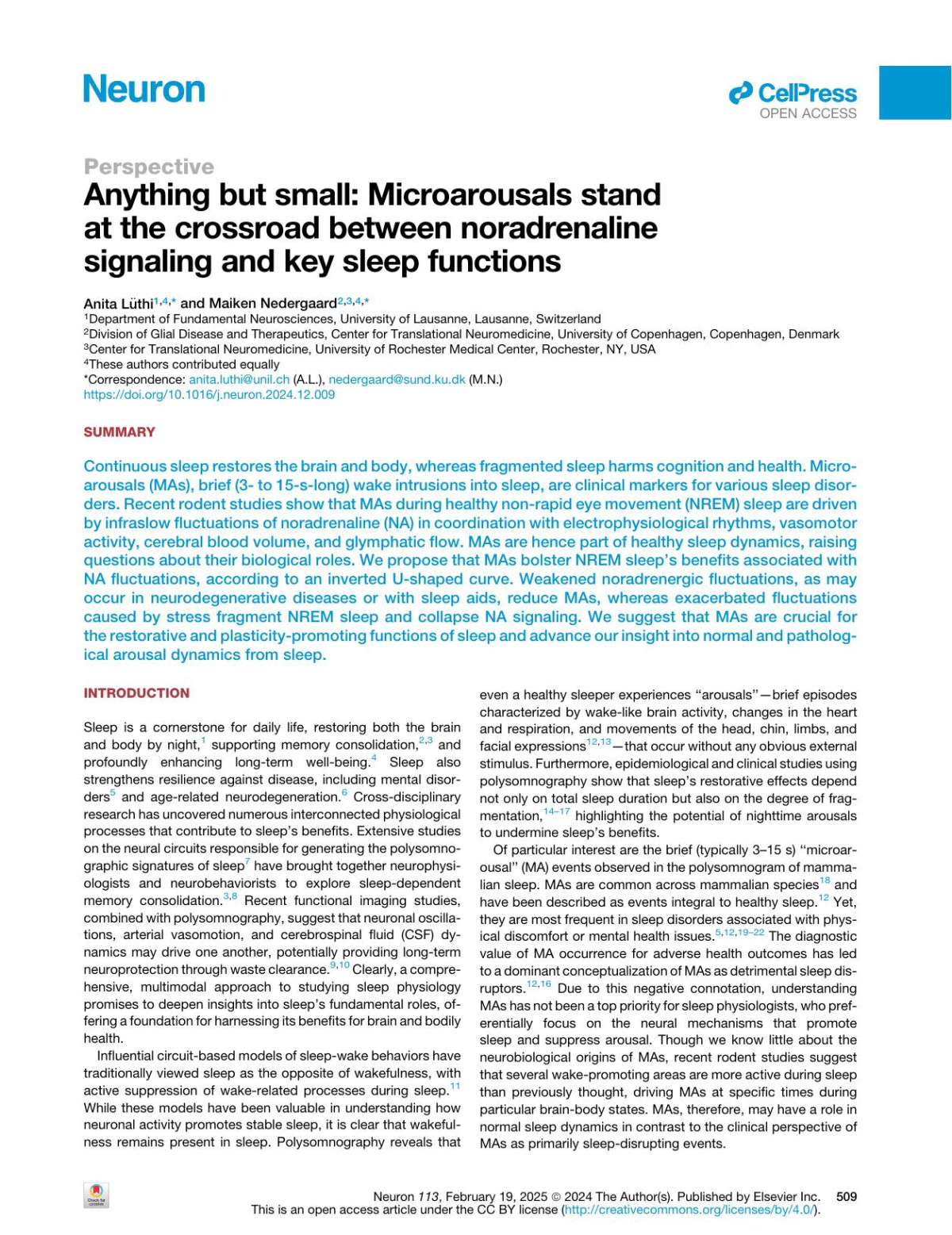 Anything But Small Microarousals Stand At The Crossroad Between Noradrenaline Signaling And Key Sleep Functions Anita Lüthi Maiken Nedergaard
