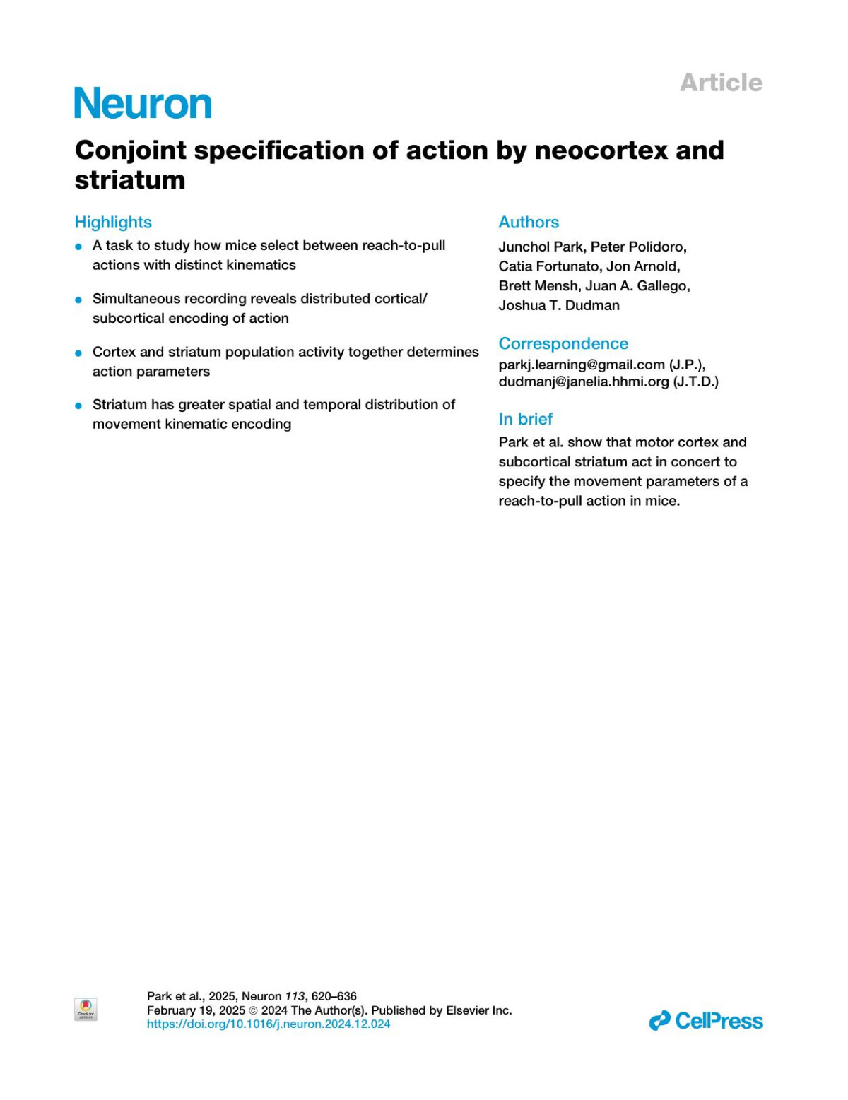 Conjoint Specification Of Action By Neocortex And Striatum Junchol Park Peter Polidoro Catia Fortunato Jon Arnold Brett Mensh Juan A Gallego Joshua T Dudman