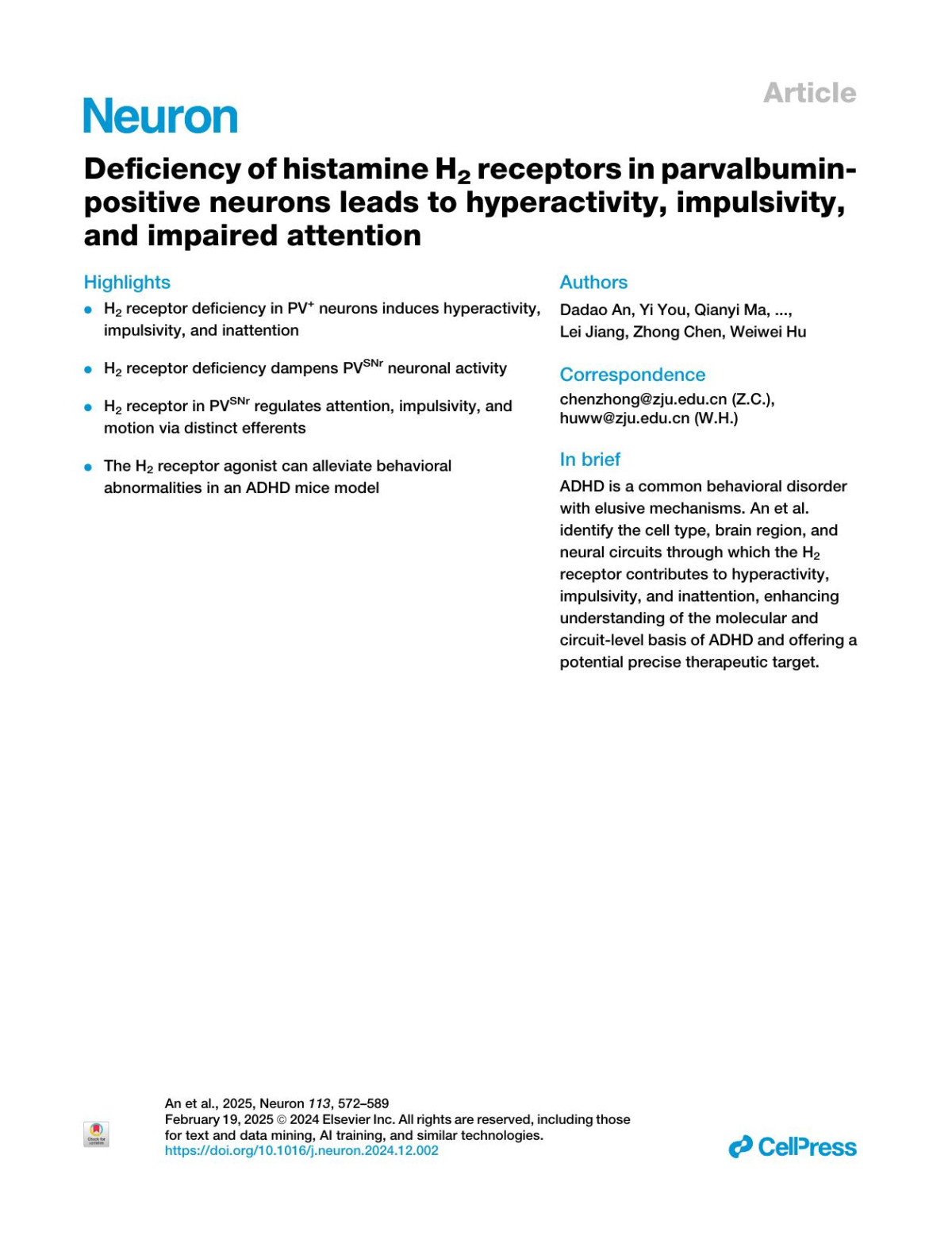 Deficiency Of Histamine H2 Receptors In Parvalbuminpositive Neurons Leads To Hyperactivity Impulsivity And Impaired Attention Dadao An Yi You Qianyi Ma Zhengyi Xu Zonghan Liu Ruichu Liao Han Chen Yiquan Wang Yi Wang Haibin Dai Haohong Li Lei Jiang Zhong Chen Weiwei Hu