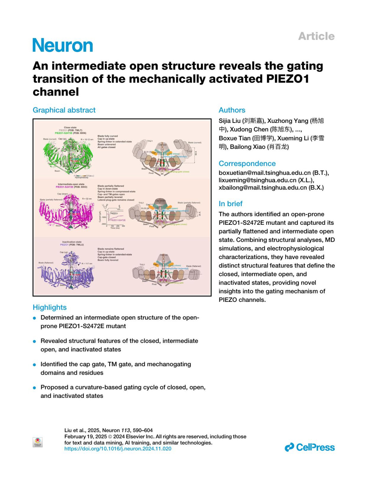 An Intermediate Open Structure Reveals The Gating Transition Of The Mechanically Activated Piezo1 Channel Sijia Liu 刘斯嘉 Xuzhong Yang 杨旭中 Xudong Chen 陈旭东 Xiaochun Zhang 张孝春 Jinghui Jiang 姜京徽 Jingyi Yuan 原静怡 Wenhao Liu 刘文豪 Li Wang 王莉 Heng Zhou 周珩 Kun Wu 吴坤 Boxue Tian 田博学 Xueming Li 李雪明 Bailong Xiao 肖百龙