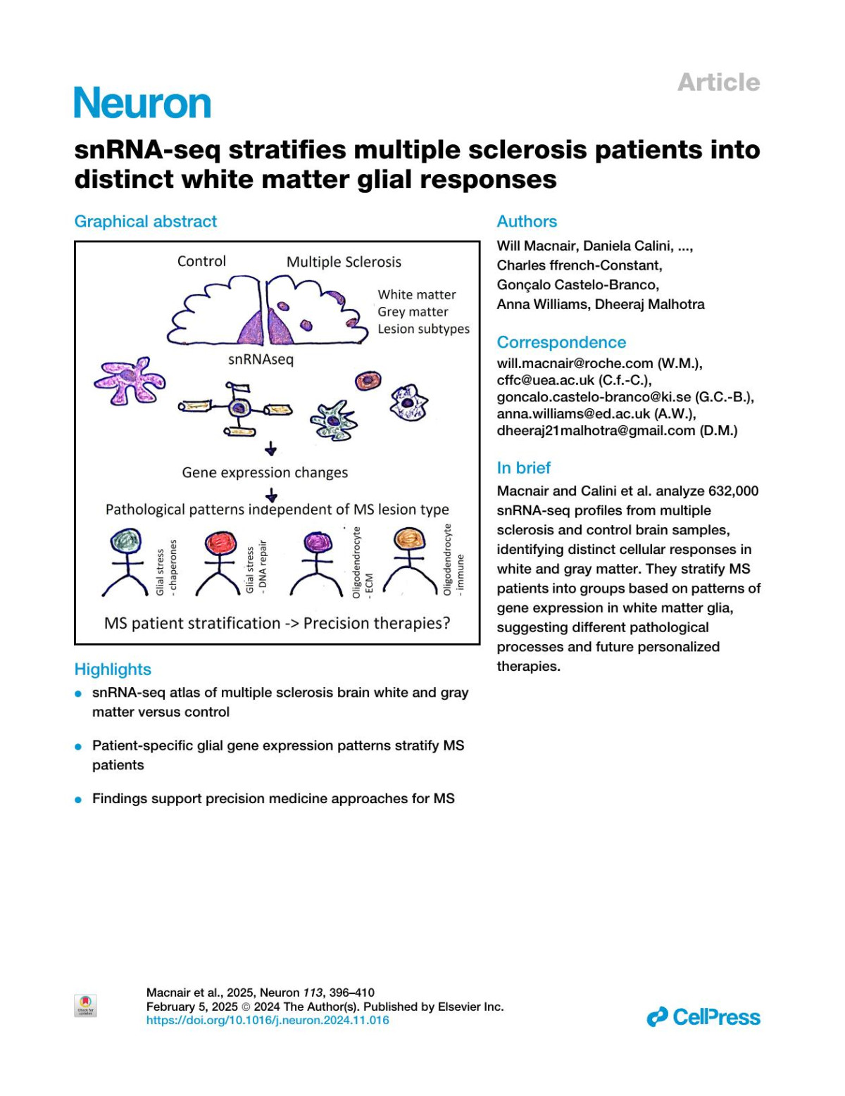 Snrnaseq Stratifies Multiple Sclerosis Patients Into Distinct White Matter Glial Responses Will Macnair Daniela Calini Eneritz Agirre Julien Bryois Sarah Jäkel Rebecca Sherrard Smith Petra Kukanja Nadine Stokarregenscheit Virginie Ott Lynette C Foo Ludovic Collin Sven Schippling Eduard Urich Erik Nutma Manuel